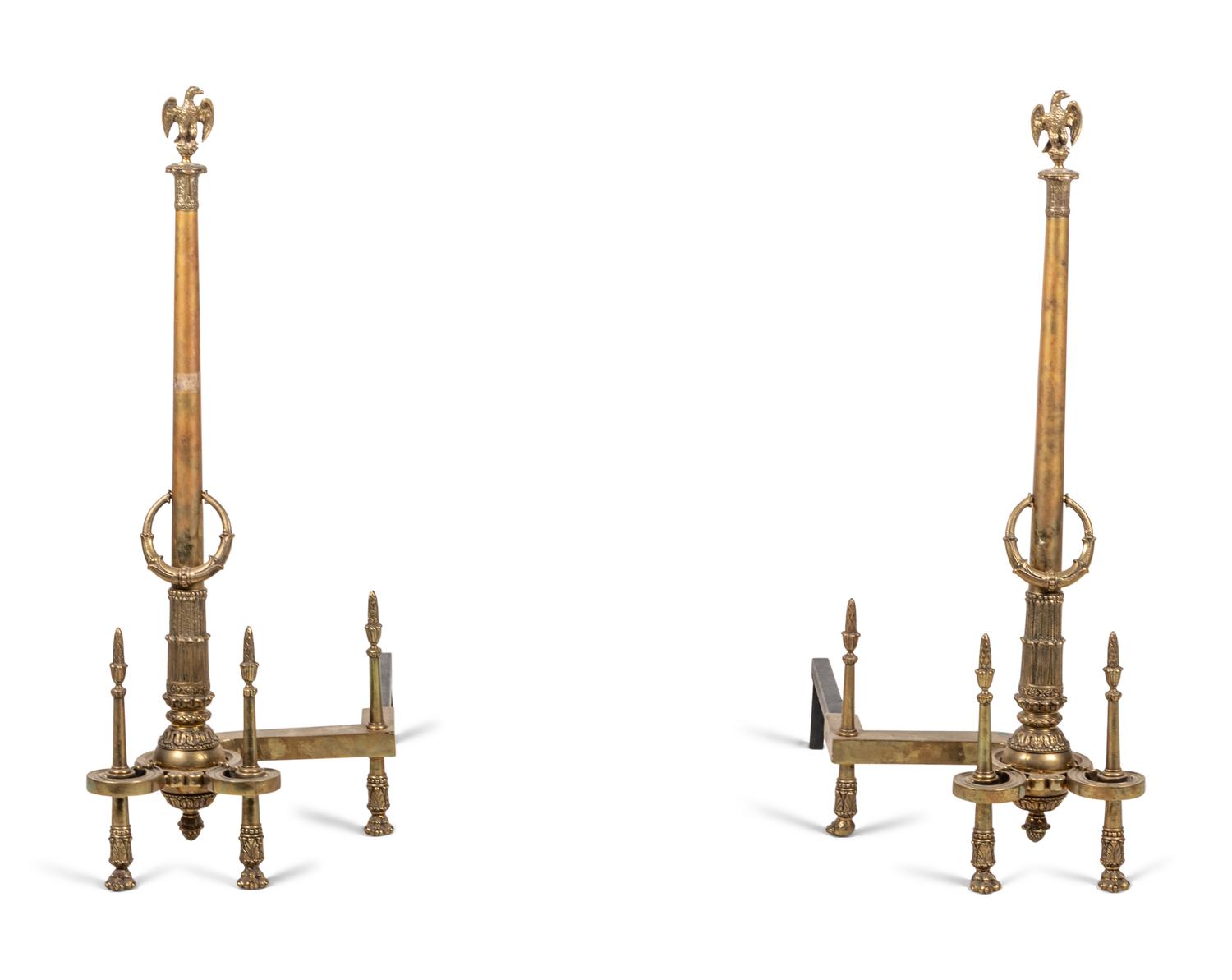 A Pair of Neoclassical Gilt Bronze Andirons with Wreath Ring Handles