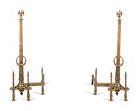 A Pair of Neoclassical Gilt Bronze Andirons with Wreath Ring Handles