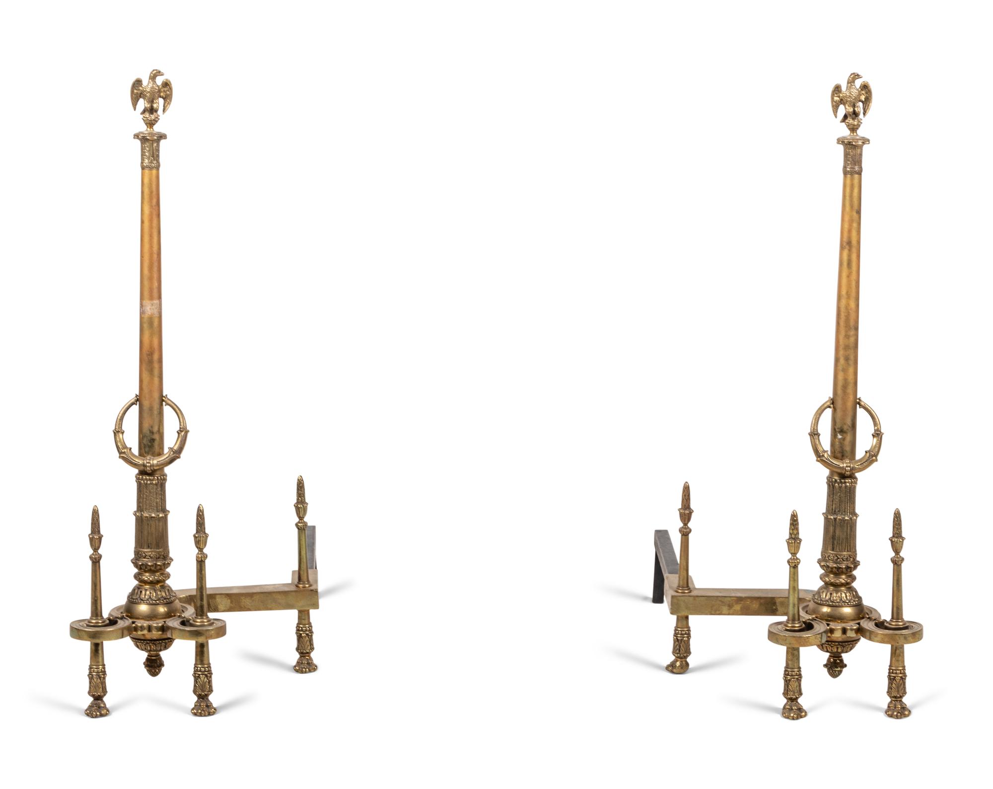 A Pair of Neoclassical Gilt Bronze Andirons with Wreath Ring Handles
