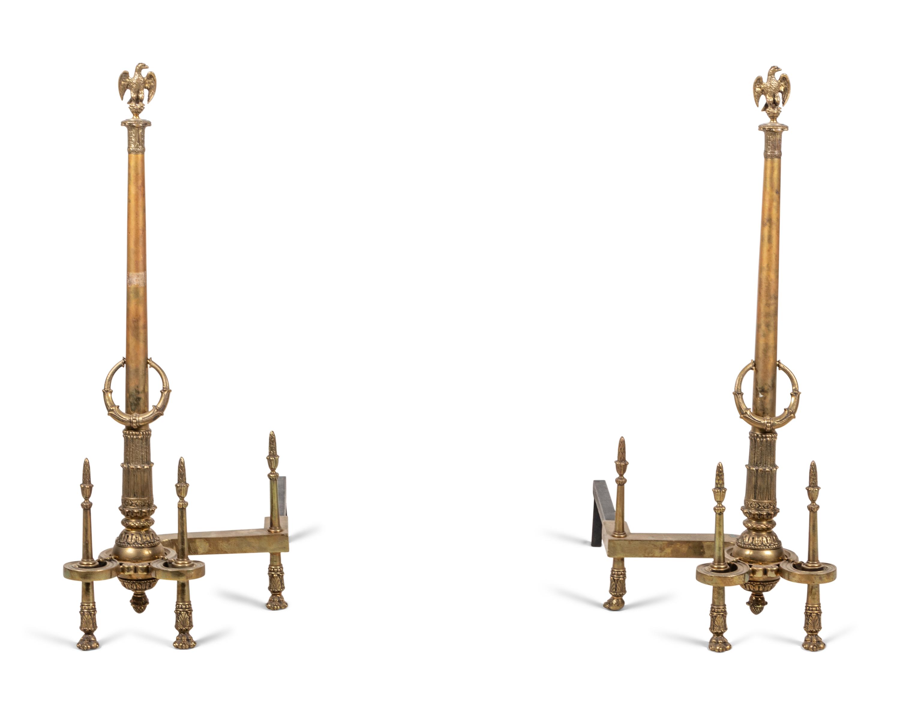 A Pair of Neoclassical Gilt Bronze Andirons with Wreath Ring Handles