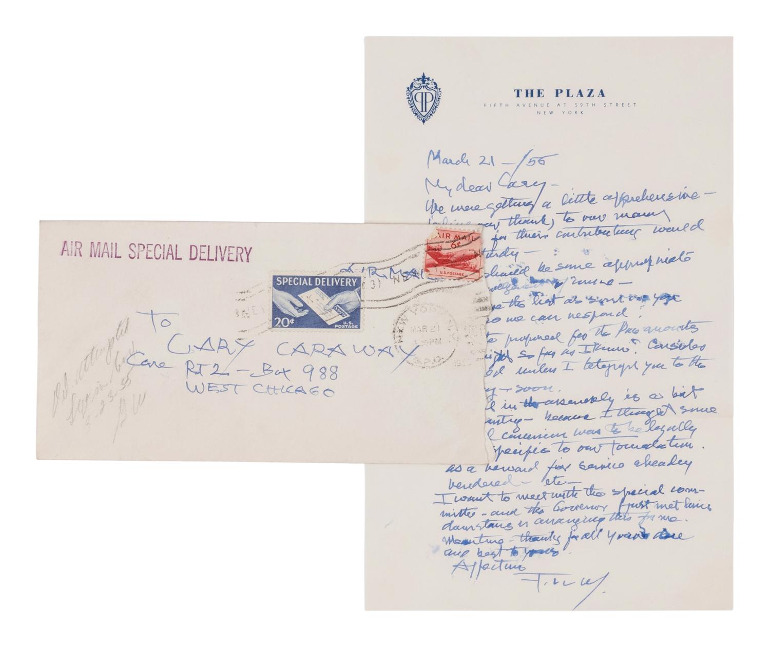 WRIGHT, Frank Lloyd (1869-1959). Autograph letter signed ("F. LL. W/"), to Jesse "Cary" Caraway. New York, 21 March 1955.