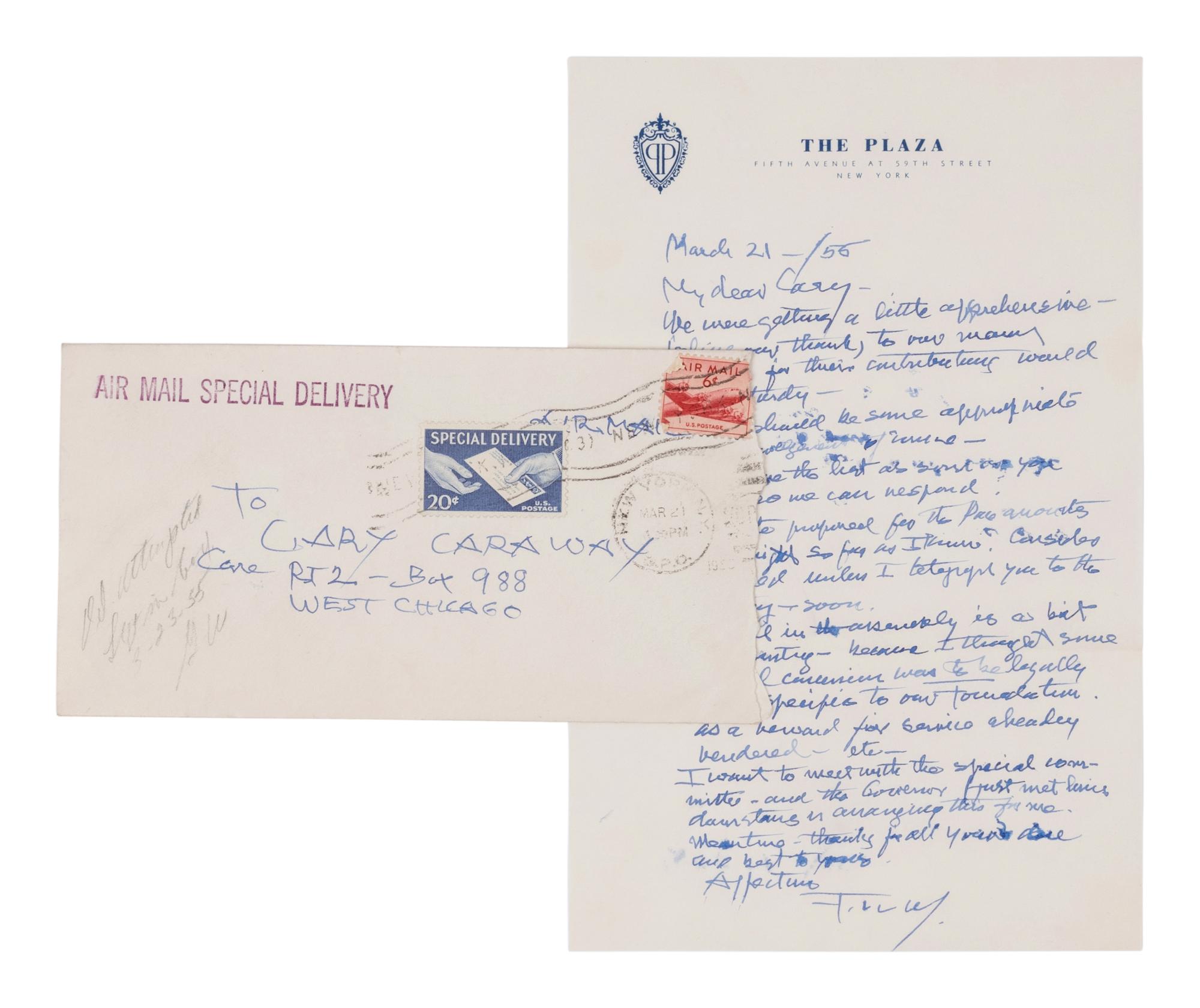 WRIGHT, Frank Lloyd (1869-1959). Autograph letter signed ("F. LL. W/"), to Jesse "Cary" Caraway. New York, 21 March 1955.
