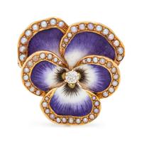 ENAMEL, DIAMOND AND SEED PEARL PANSY PENDANT/BROOCH