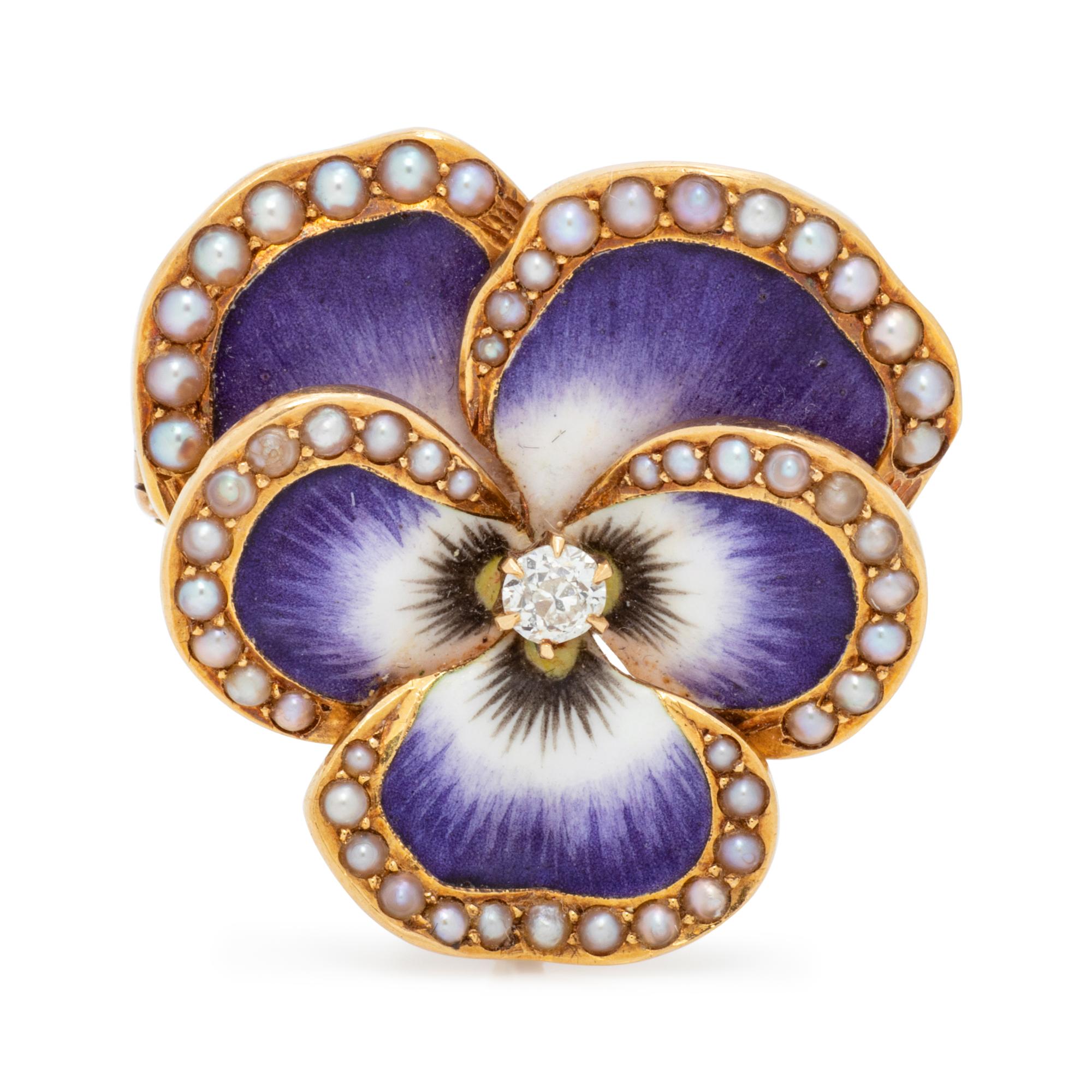 ENAMEL, DIAMOND AND SEED PEARL PANSY PENDANT/BROOCH