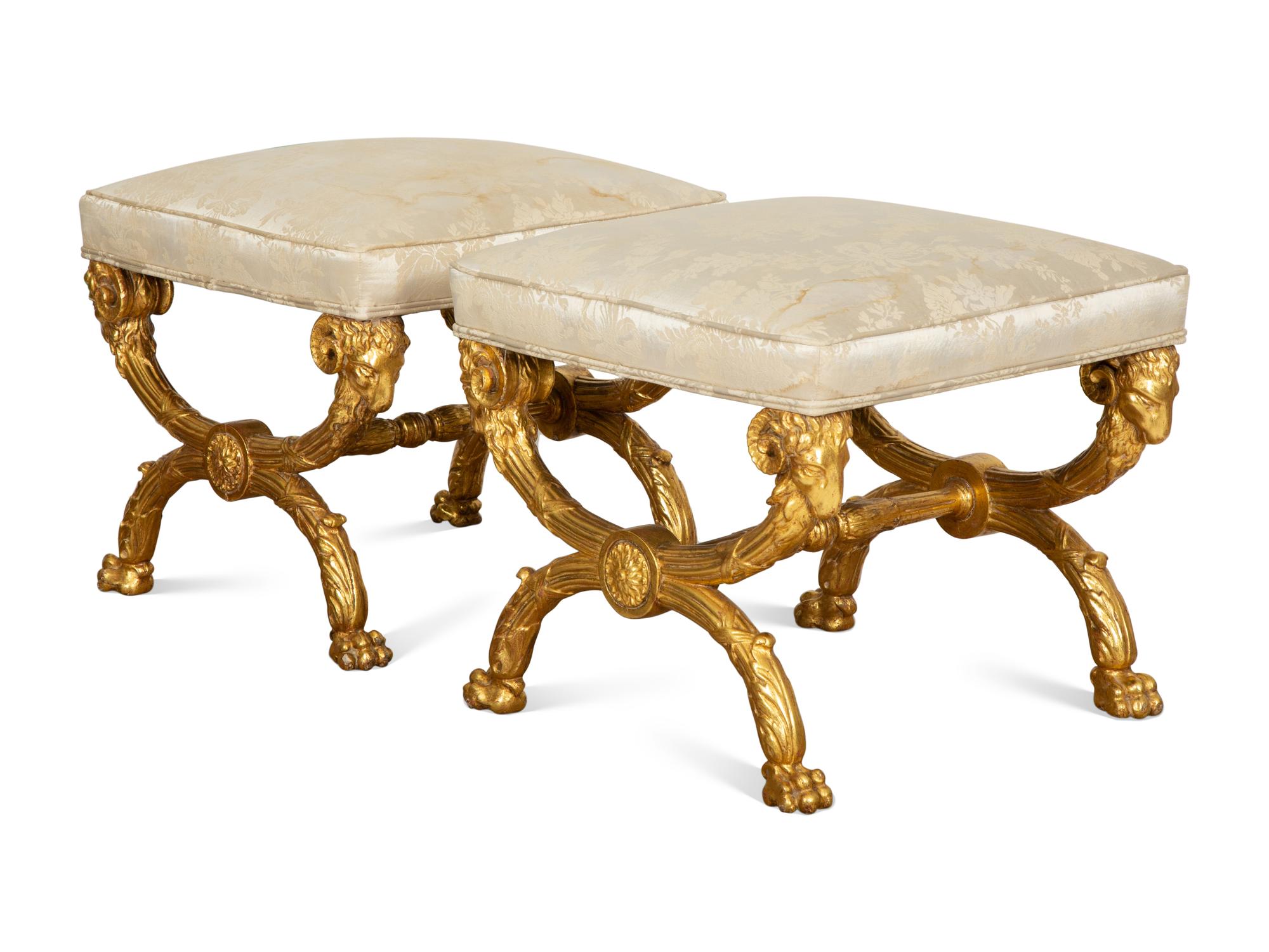 A Pair of Empire Style Giltwood Curule-Form Tabourets