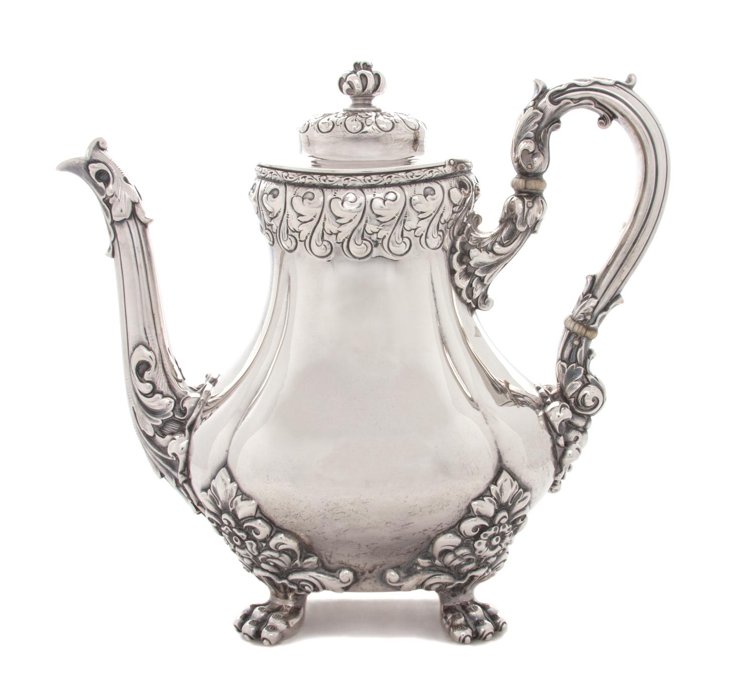 An American Silver Teapot, Theodore B. Starr, New York, NY, of baluster form, the handle and spout with acanthus decoration, raised on