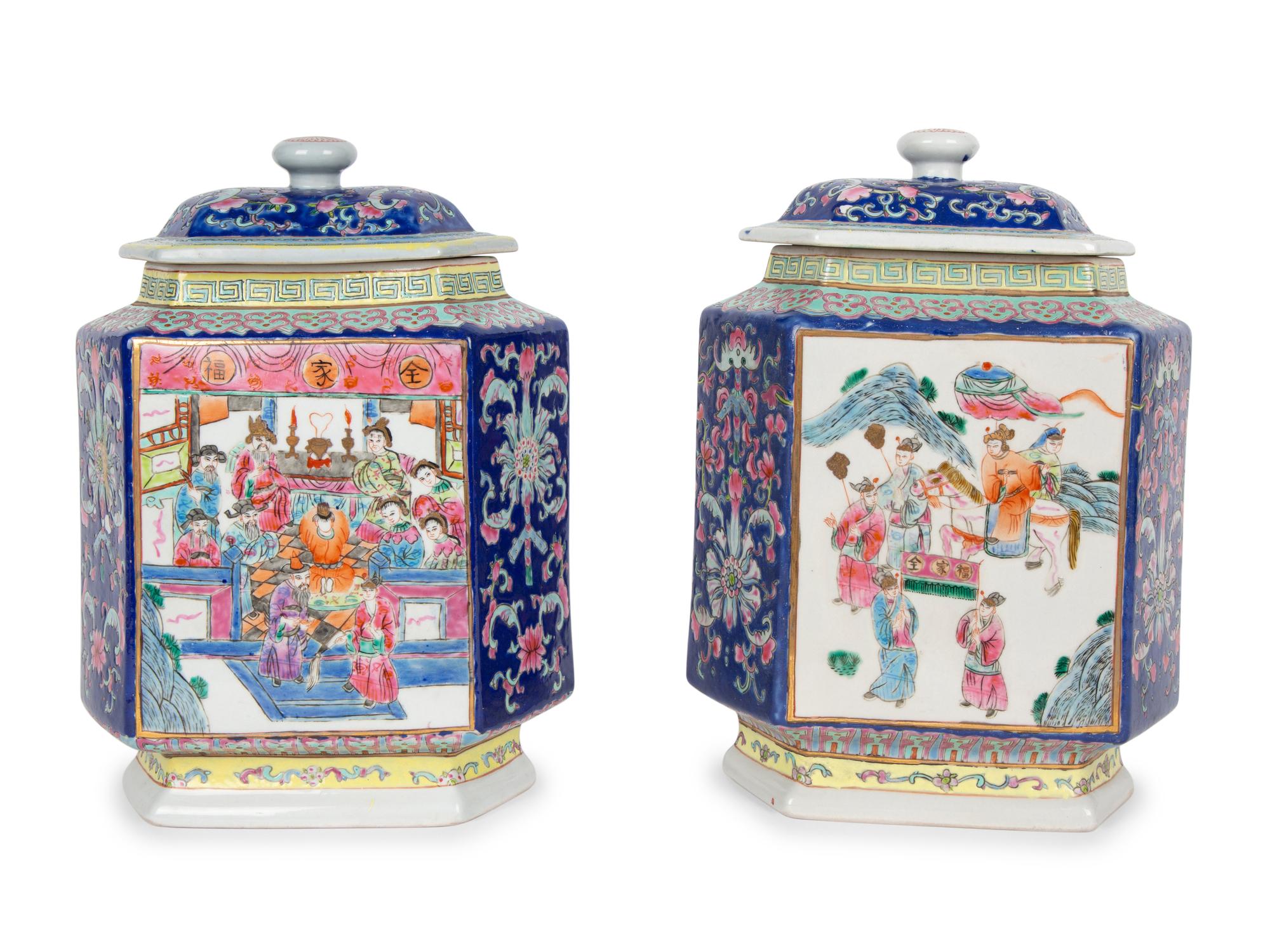 A Pair of Chinese Export Covered Hexagonal Ginger Jars — 19TH/20TH CENTURY