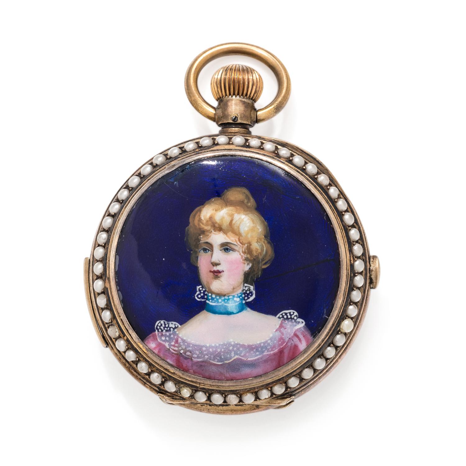 SILVER GILT, ENAMEL AND PEARL CHRONOGRAPH HUNTER CASE POCKET WATCH