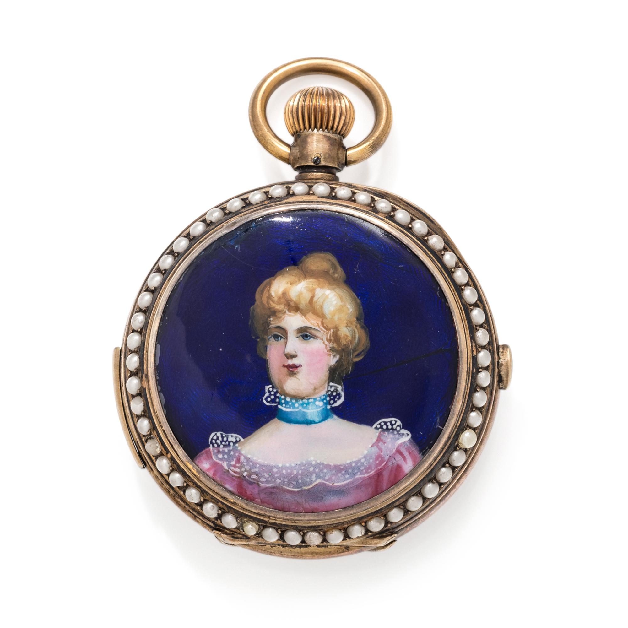 SILVER GILT, ENAMEL AND PEARL CHRONOGRAPH HUNTER CASE POCKET WATCH