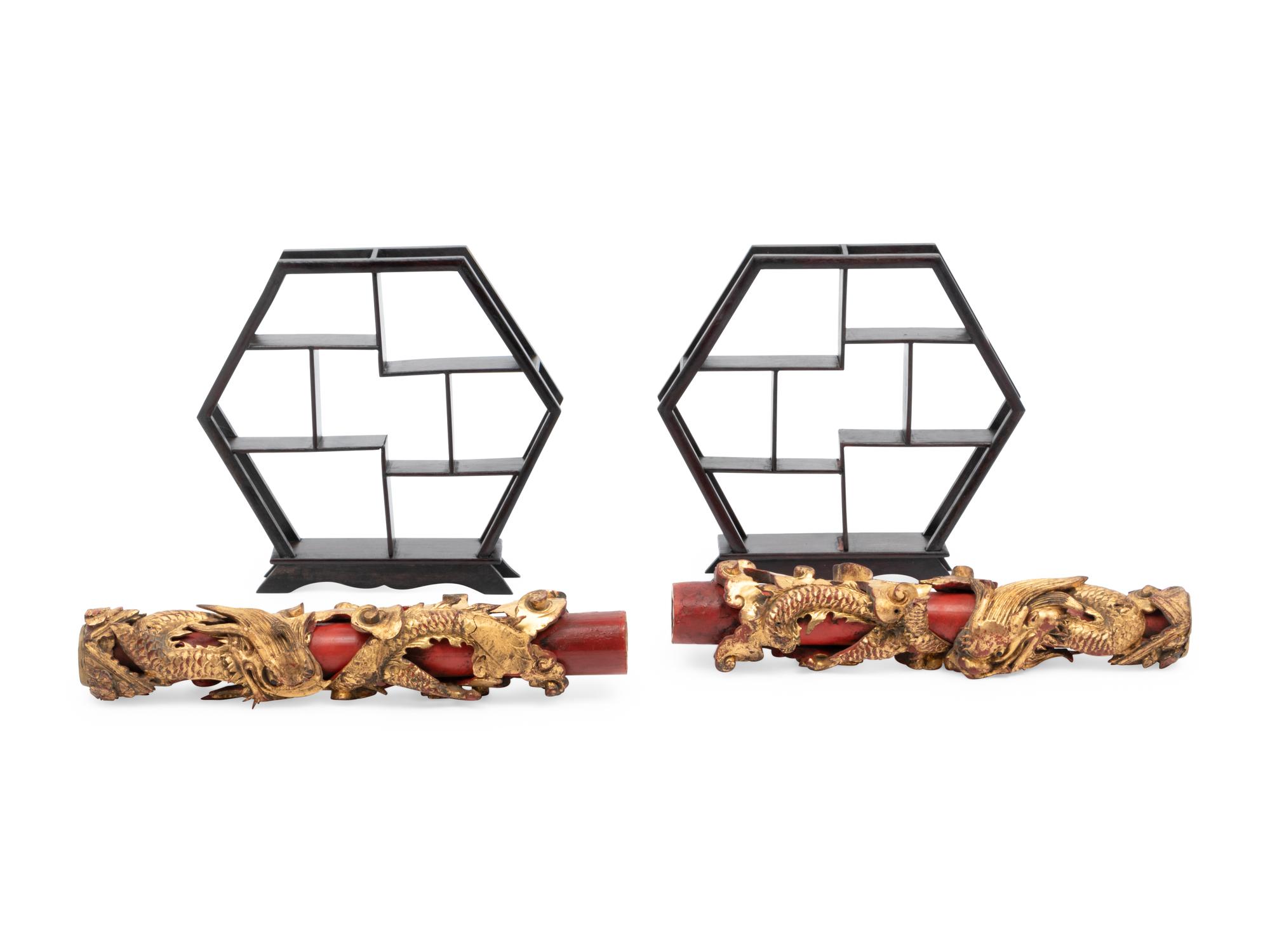 A Pair of Chinese Gilt and Red Lacquered Wood Candle Holders and A Pair of Hardwood Displaying Shelves