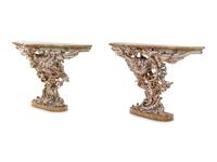 A Pair of George III Style Painted and Parcel Gilt Pier Tables with Faux Marble Tops