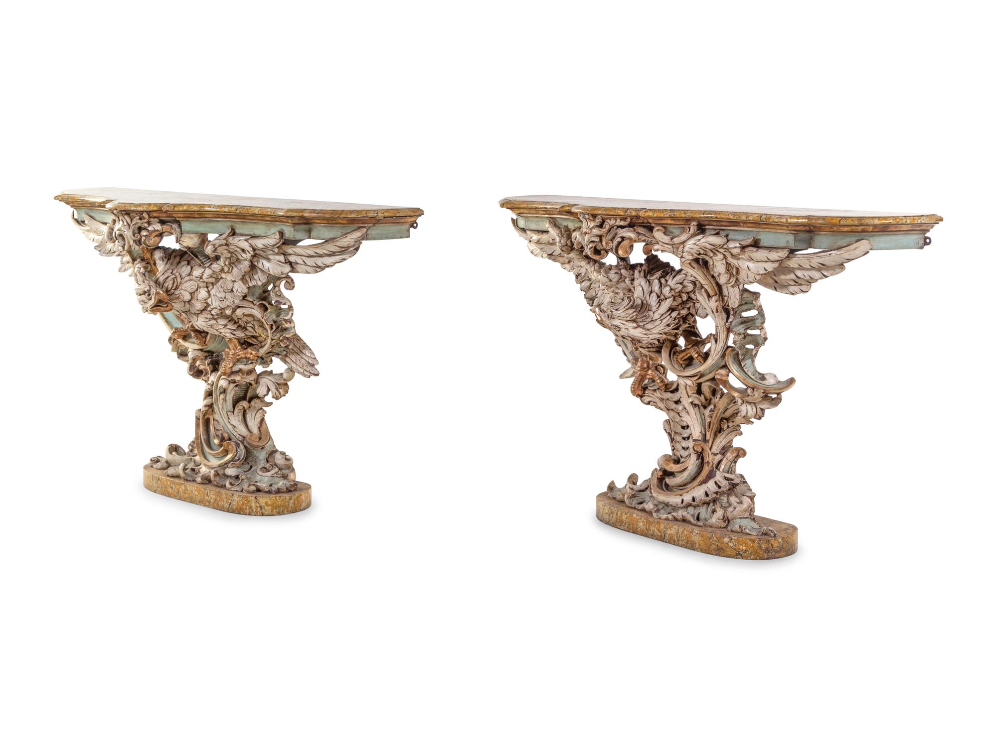 A Pair of George III Style Painted and Parcel Gilt Pier Tables with Faux Marble Tops