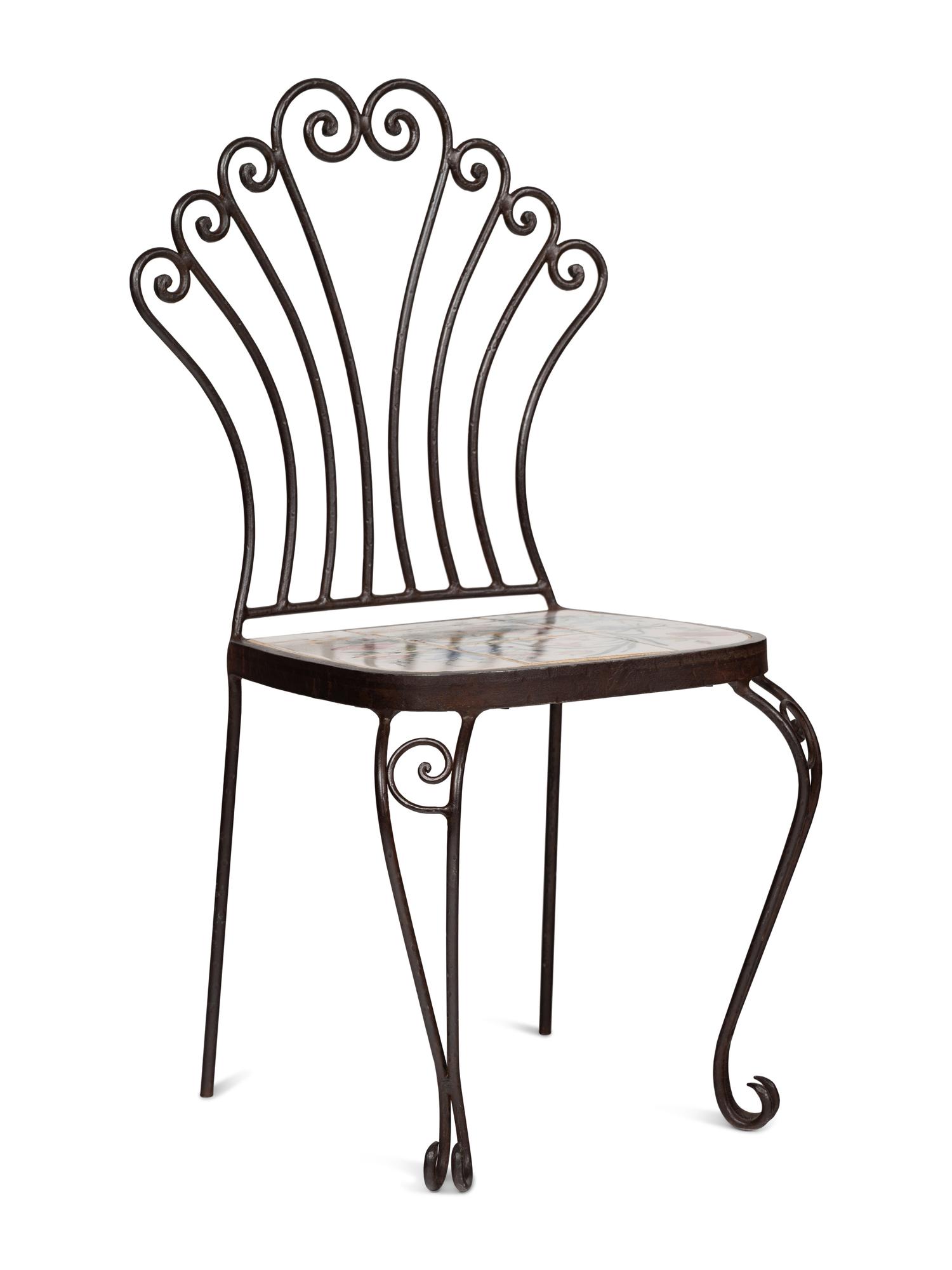 A Wrought Iron and Tile Bench and Pair of Chairs