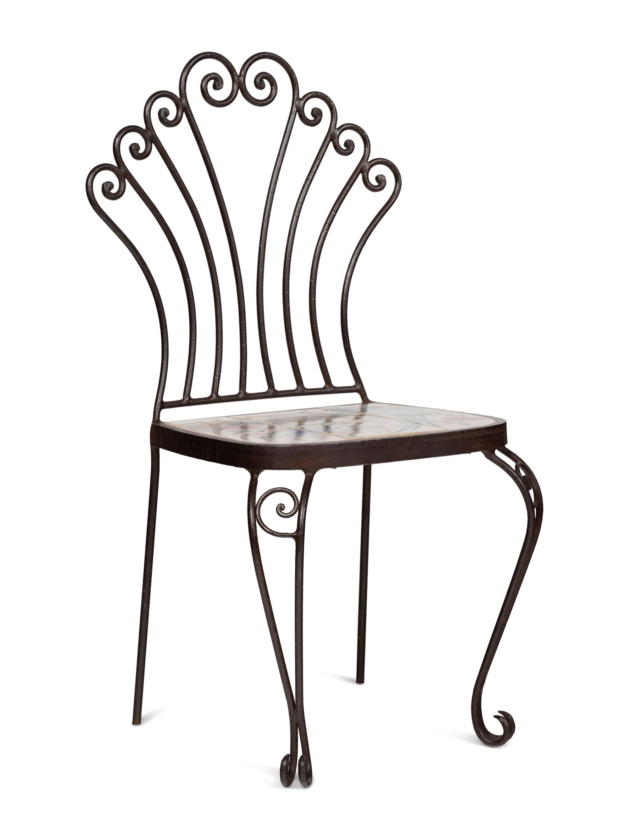 A Wrought Iron and Tile Bench and Pair of Chairs