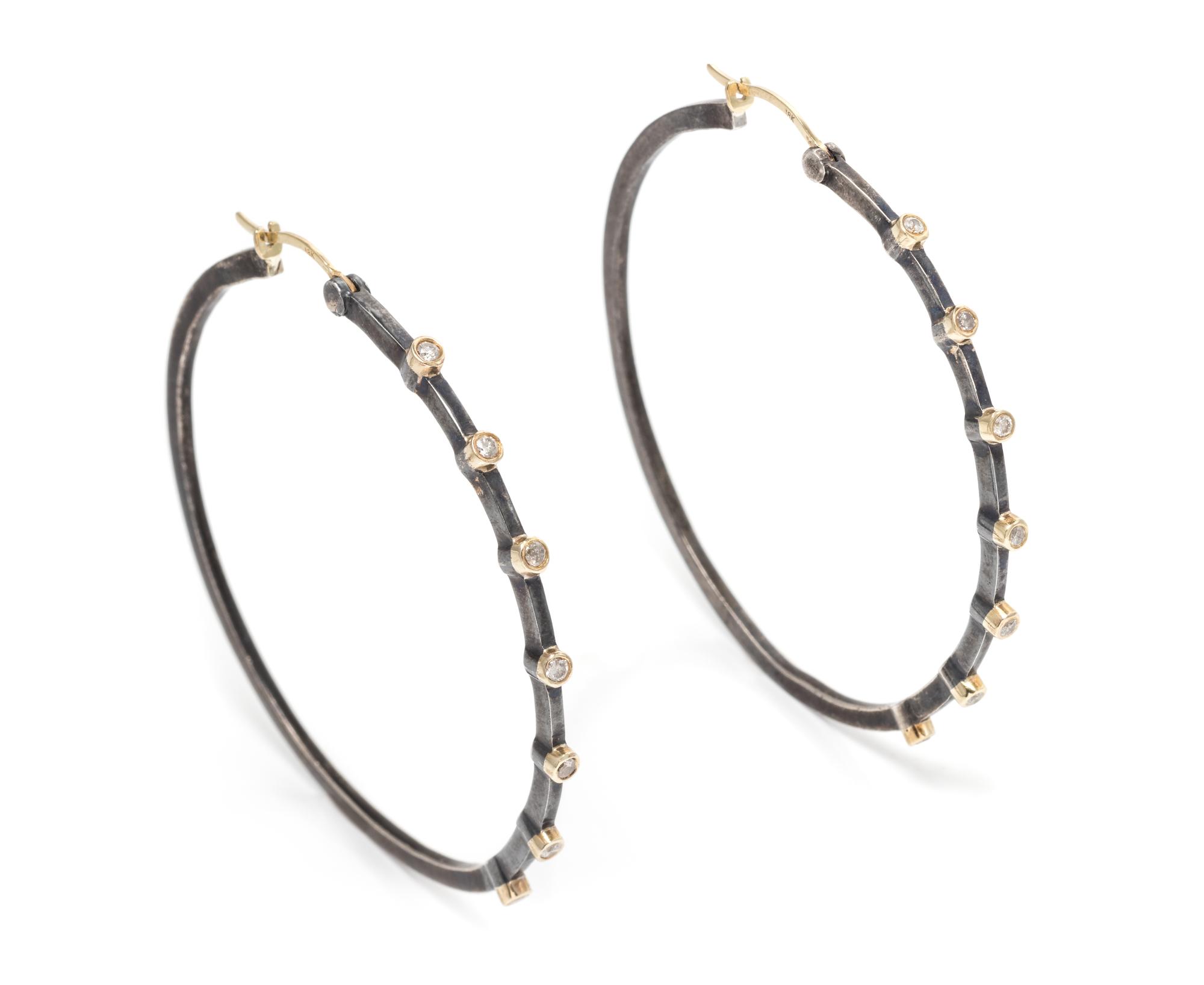 A Pair of Oxidized Silver, 18 Karat Yellow Gold and Diamond Hoop Earrings, 5.60 dwts.