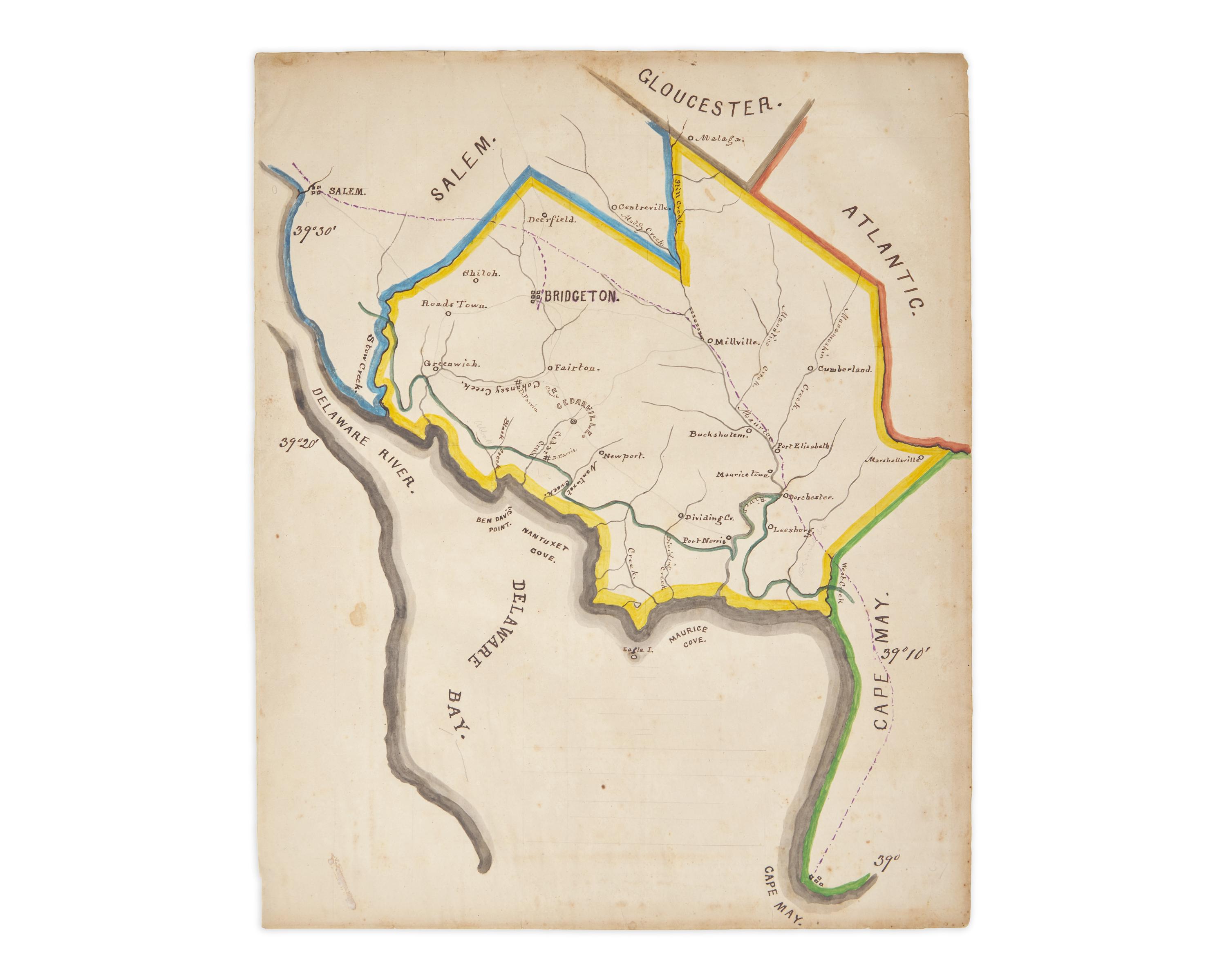 [Americana] [New Jersey] (Parvin, Theodore Sutton). Manuscript Map of Cumberland County, New Jersey, and Environs