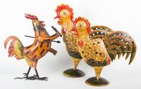 Three Painted Metal Chicken Sculptures Height of tallest 22 inches.