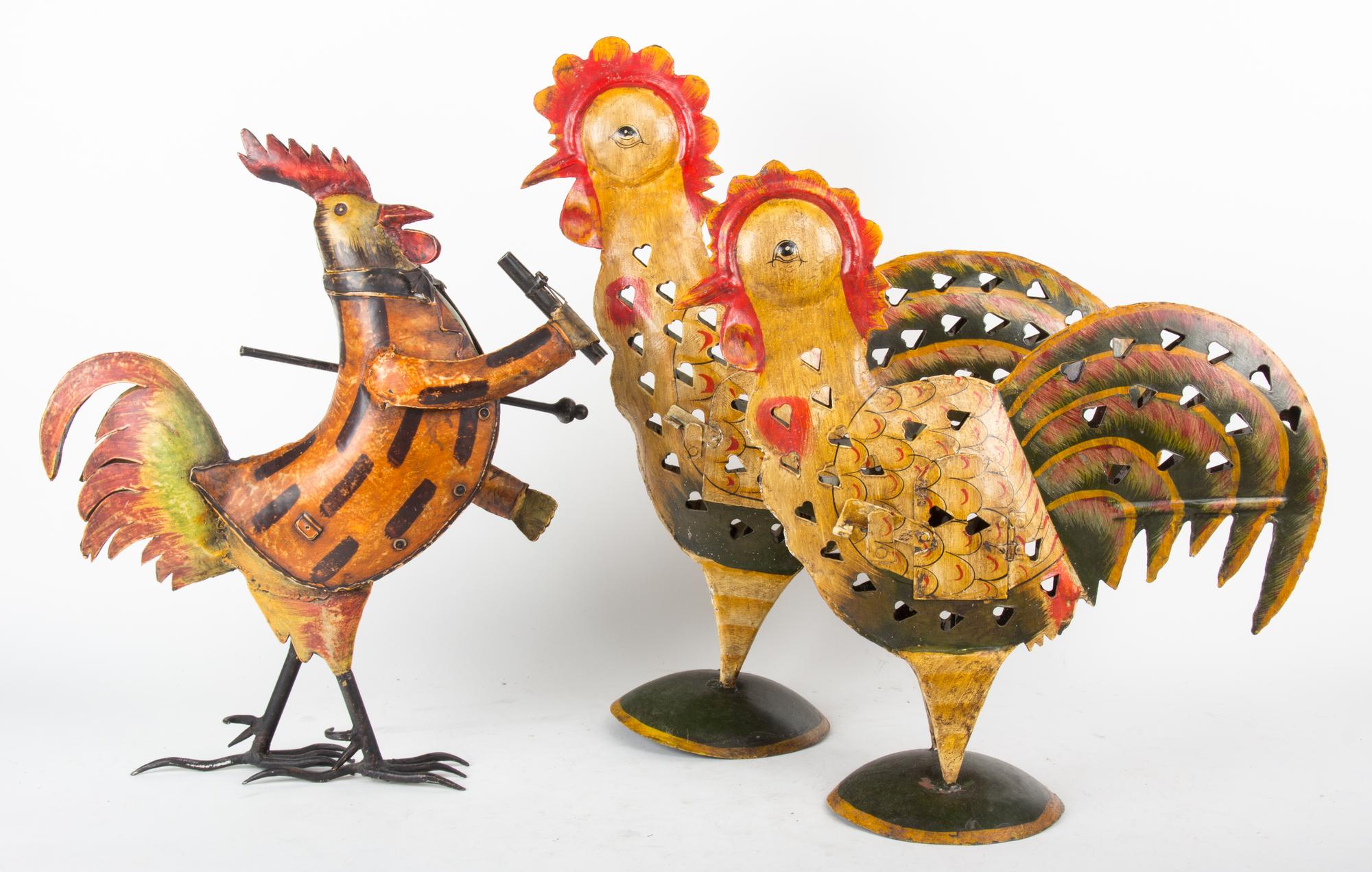 Three Painted Metal Chicken Sculptures Height of tallest 22 inches.