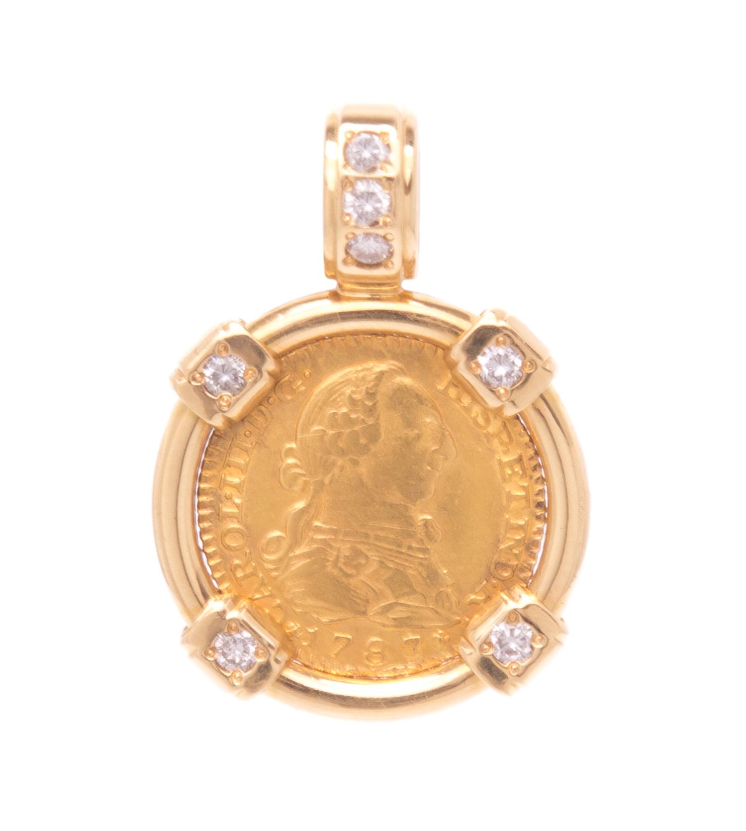 An 18 Karat Yellow Gold, Spanish Escudo Coin and Diamond Pendant, 7.70 dwts.