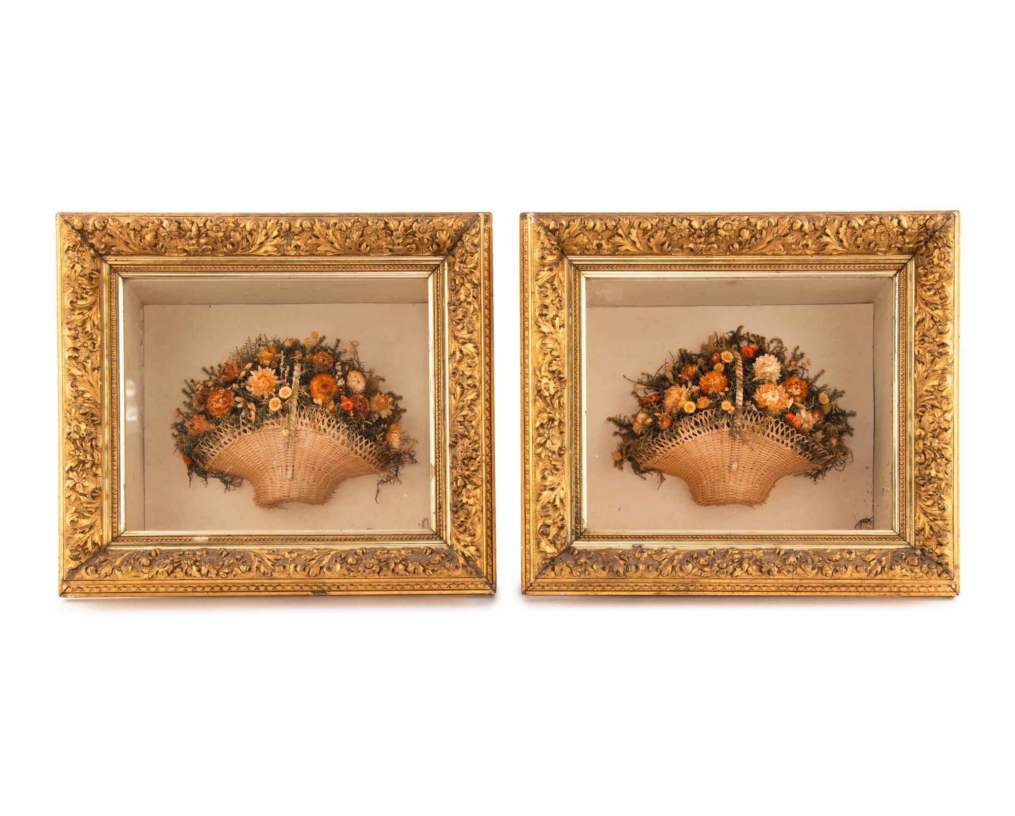 A Pair of Shadow-Box Framed Victorian Floral Baskets
