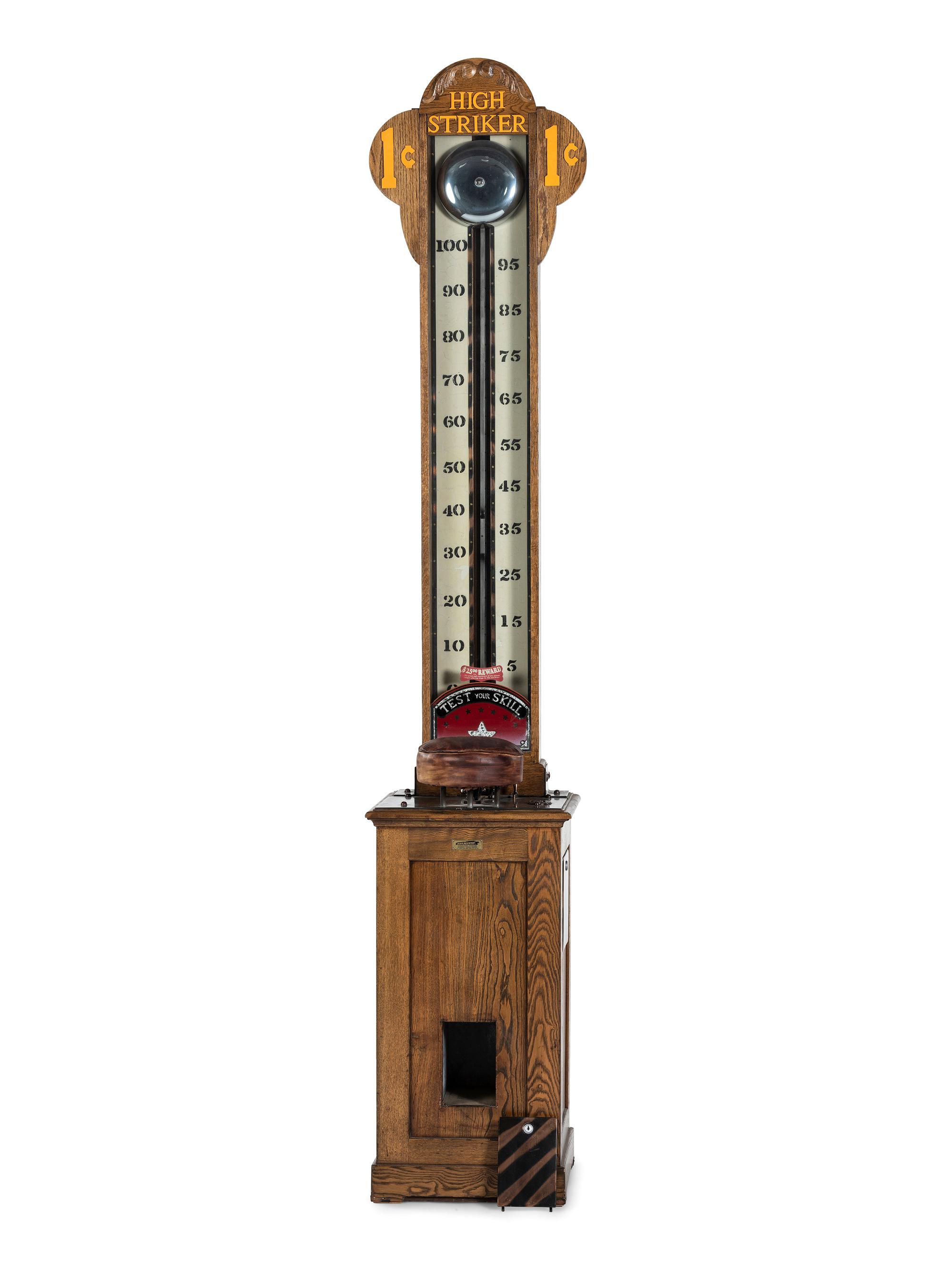 A Mike Munves One Cent High Striker Skill Game in Oak Case