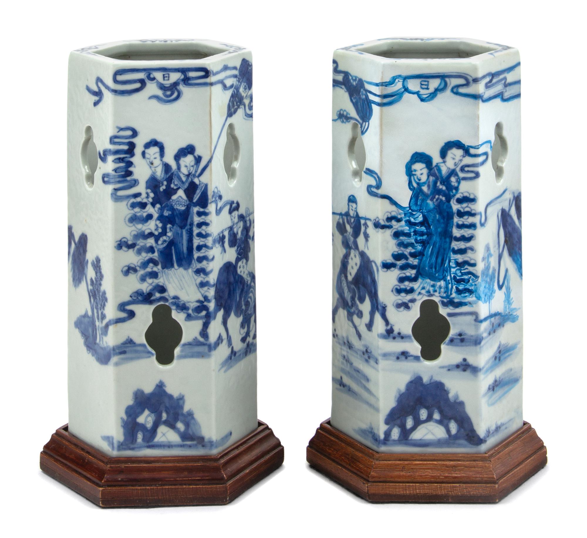 A Pair of Chinese Blue and White Porcelain Hexagonal Hat Stands