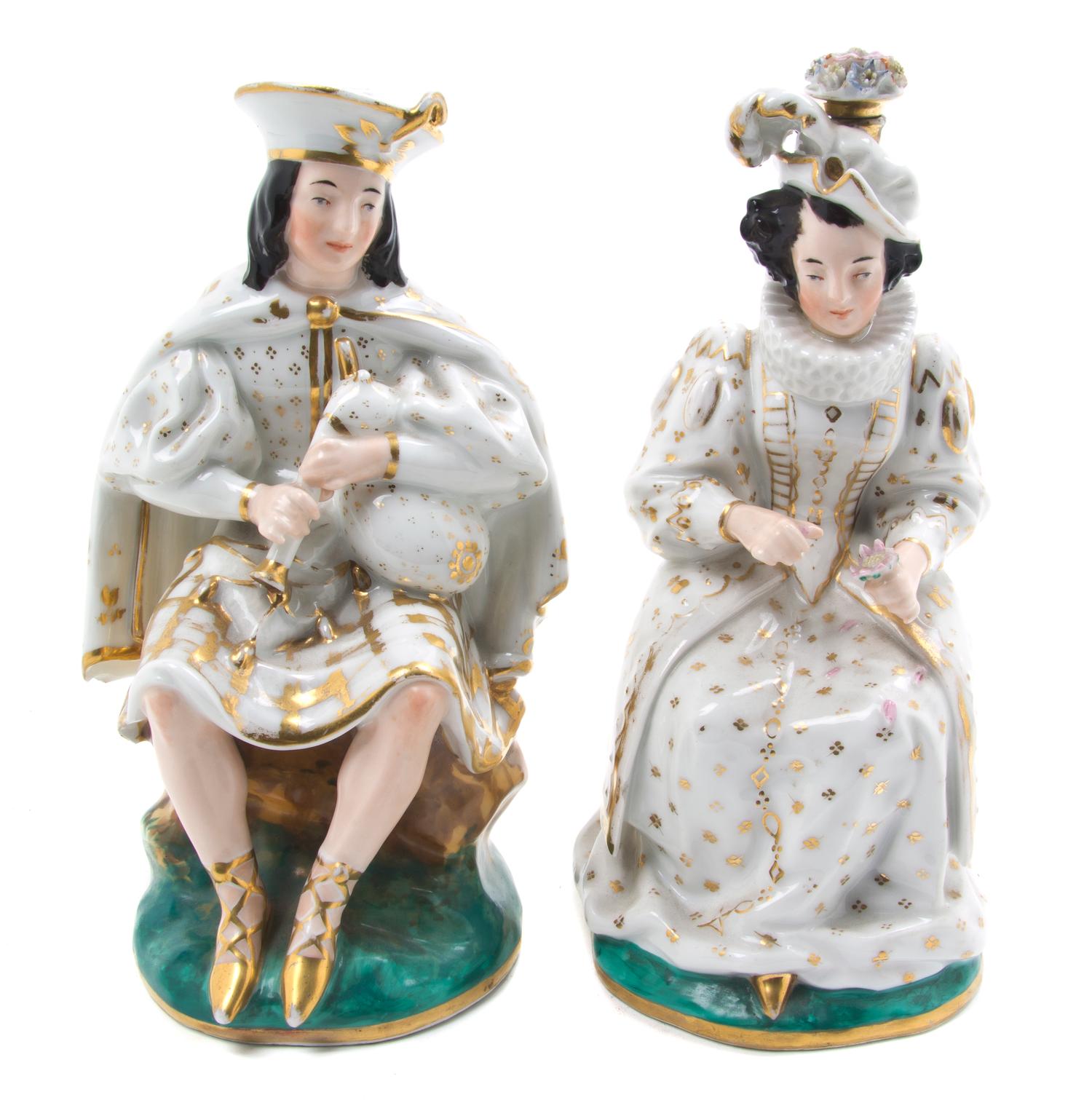 A Pair of Paris Porcelain Figural Flasks or Scent Bottles, Jacob Petit (1796-1865), Height of taller 9 inches.