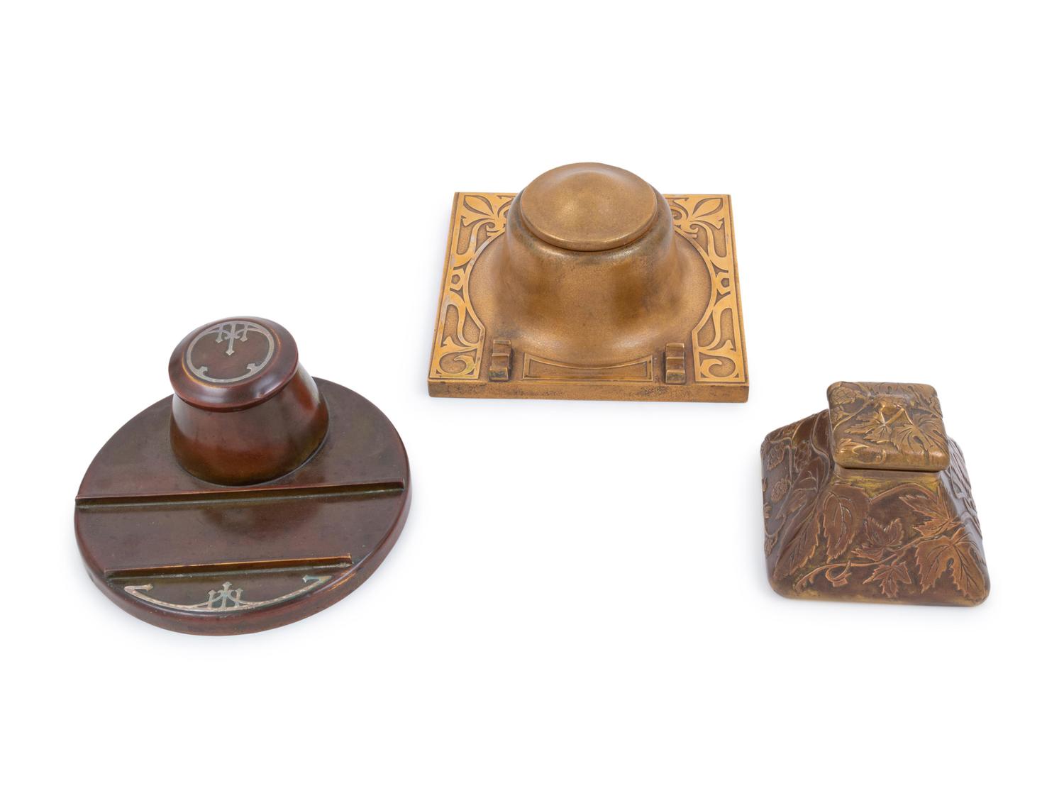Three Art Nouveau Mixed Metal Inkwells