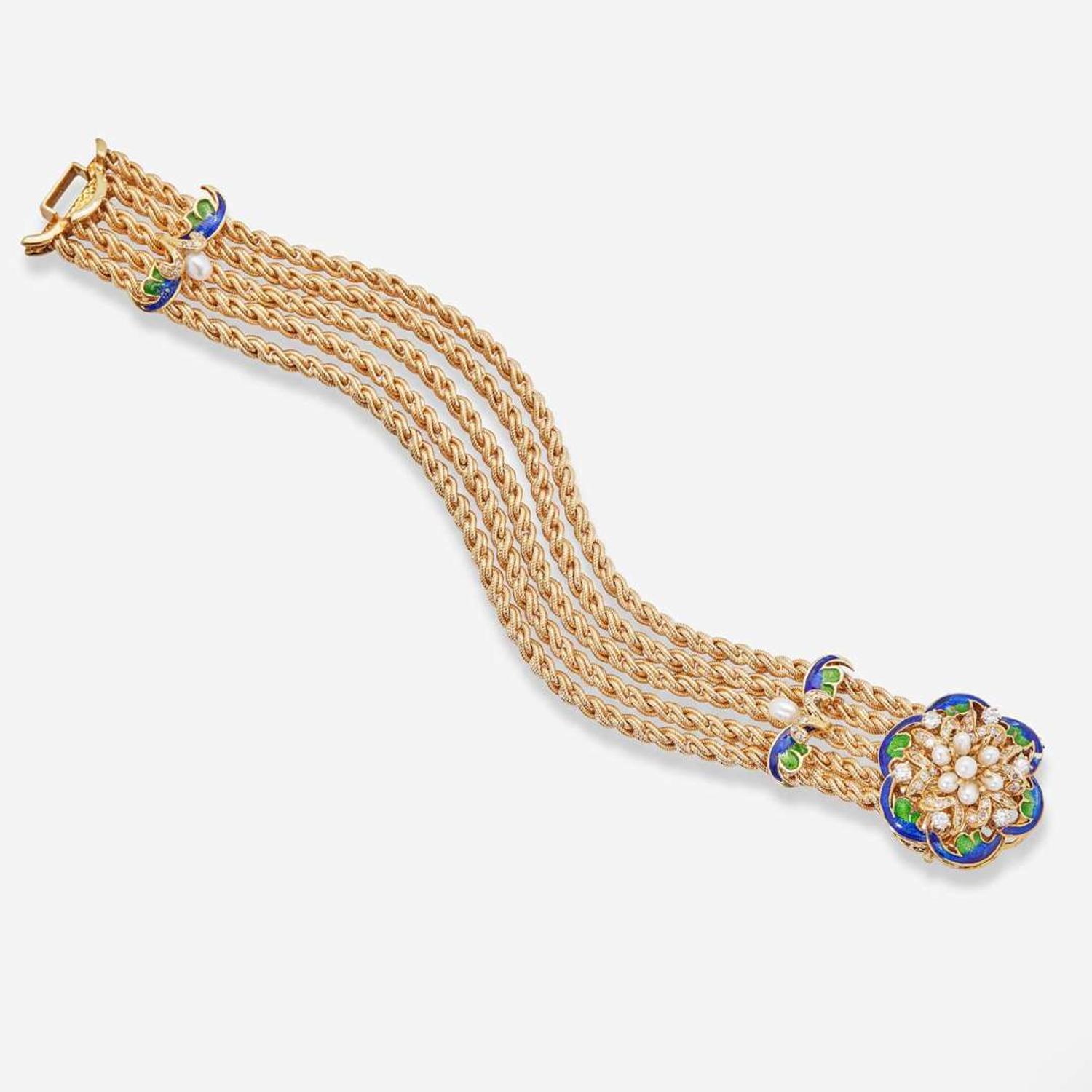 A 14K Yellow Gold, Diamond, Pearl, and Enamel Bracelet