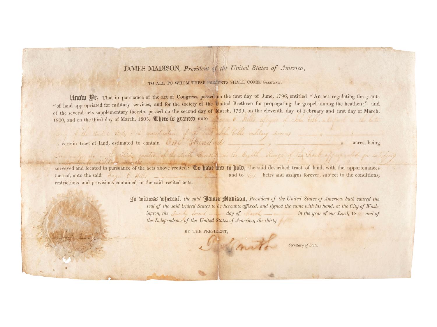 [POLITICS] - [PRESIDENTS]. Group of 8 land grants including one signed by James Madison.