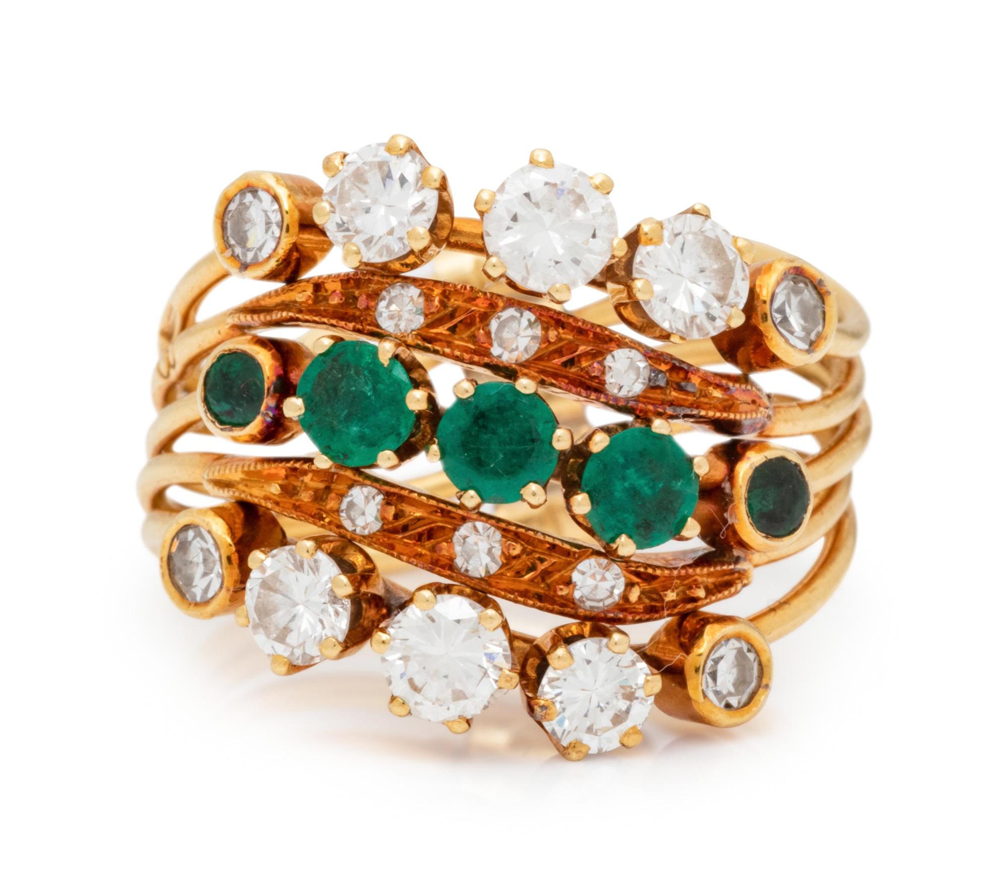 A Yellow Gold, Diamond Simulant and Emerald Harem Ring,