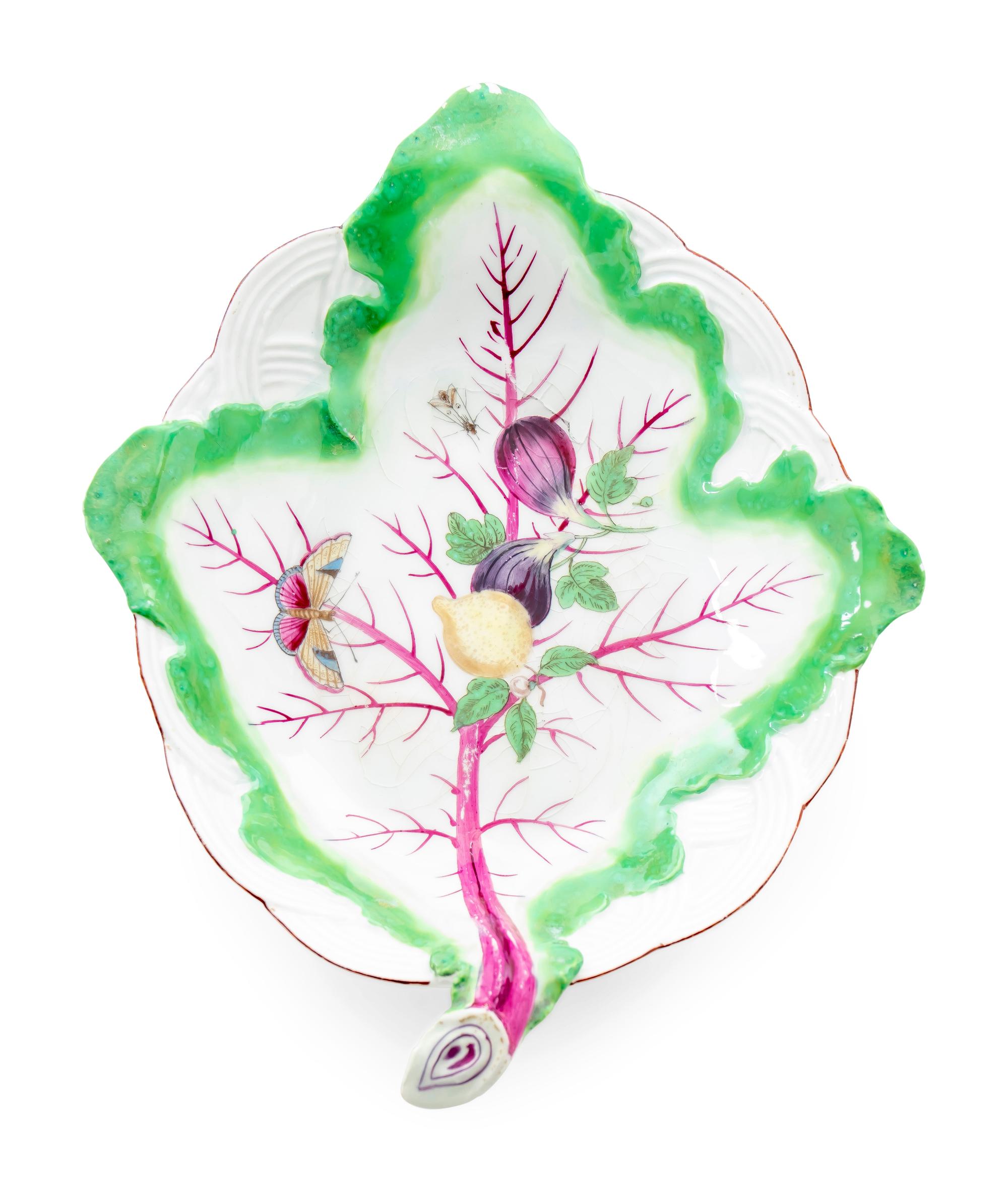 A Pair of Chelsea Porcelain Leaf-shape Dishes — C. 1756-60