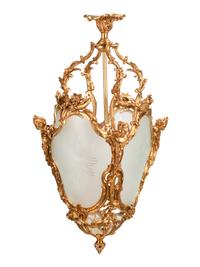 A Pair of Louis XV Style Gilt Bronze and Etched Glass Hall Lanterns