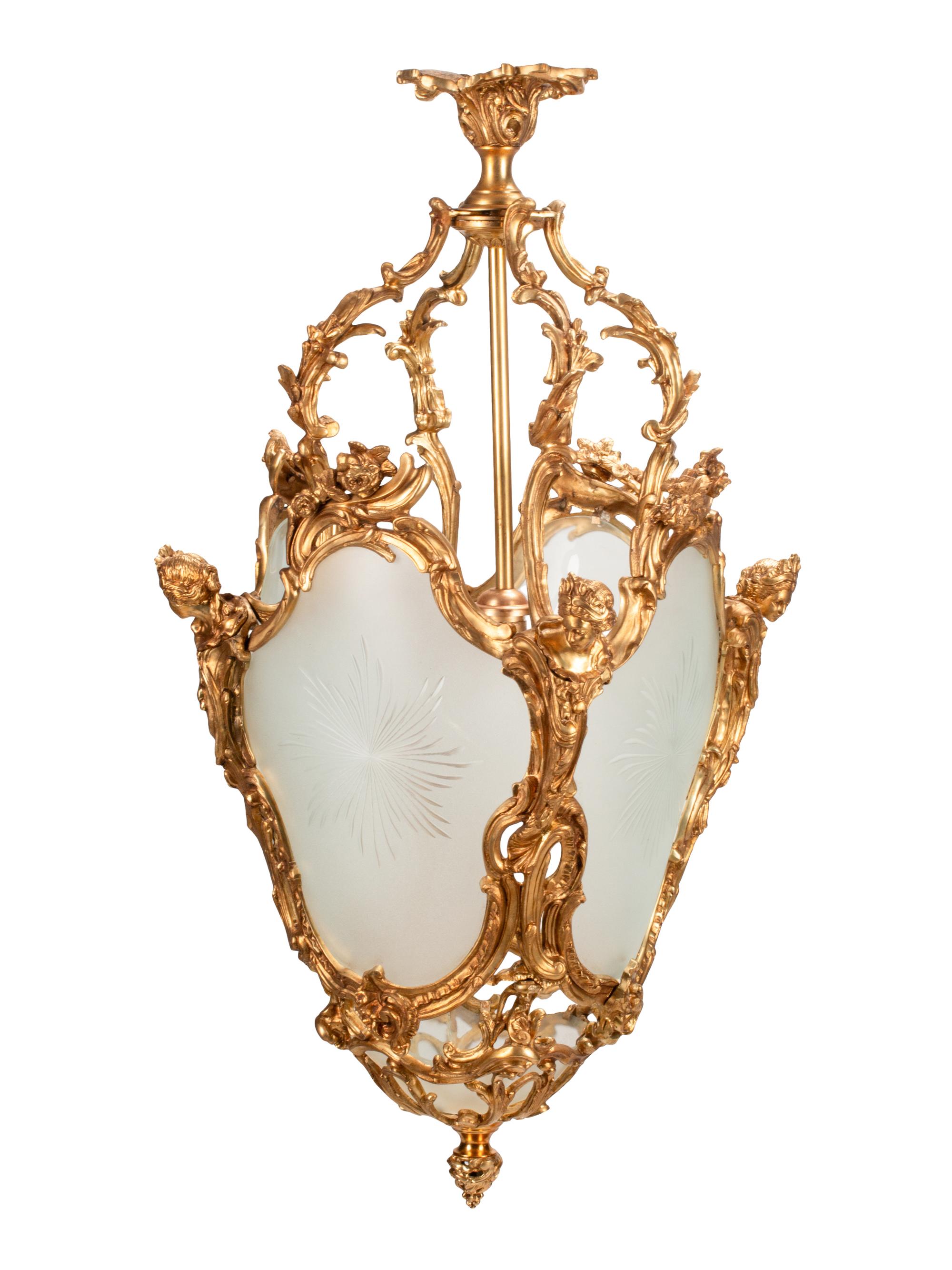 A Pair of Louis XV Style Gilt Bronze and Etched Glass Hall Lanterns