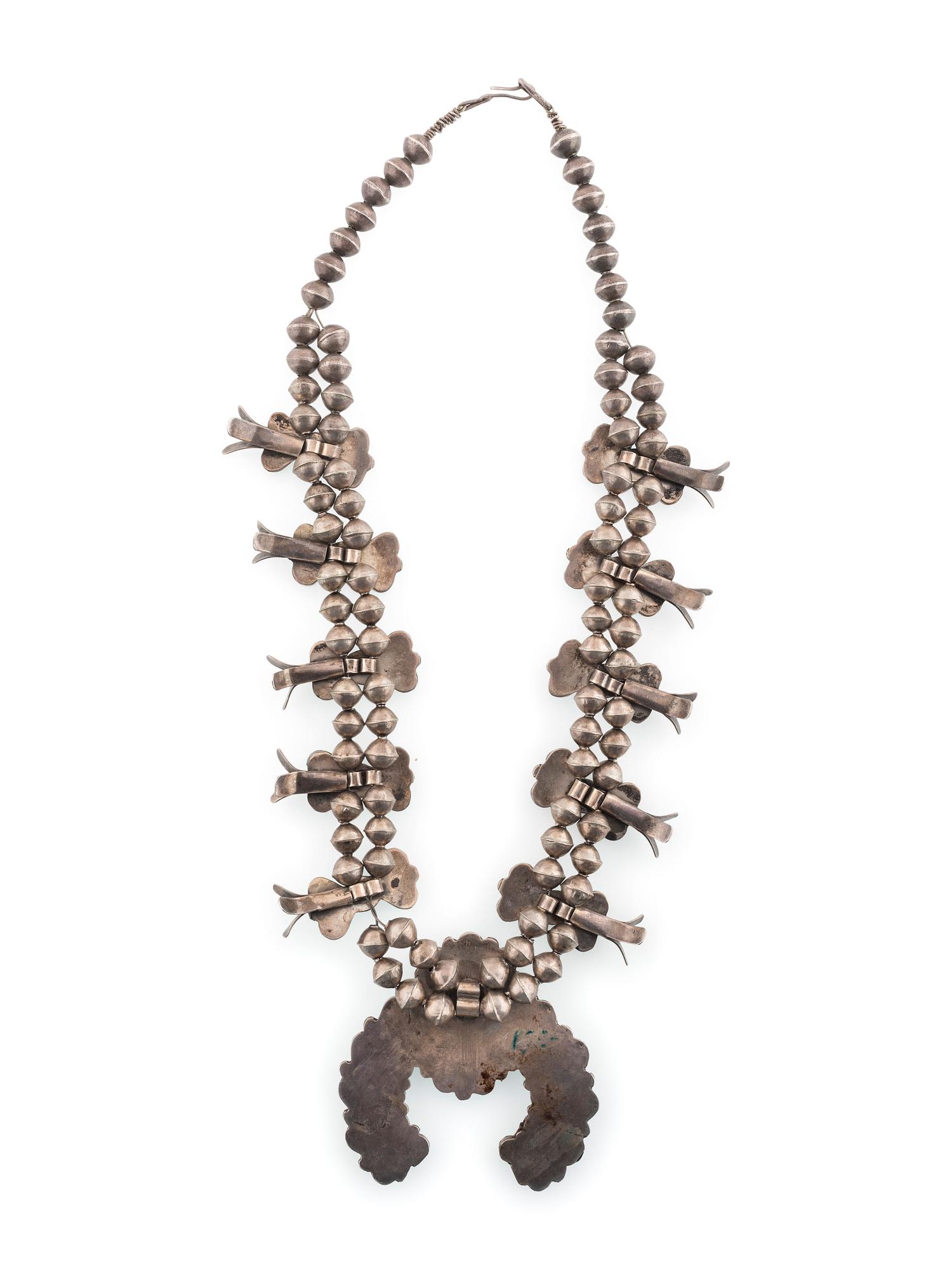Navajo Silver and Turquoise Cluster Squash Blossom Necklace
