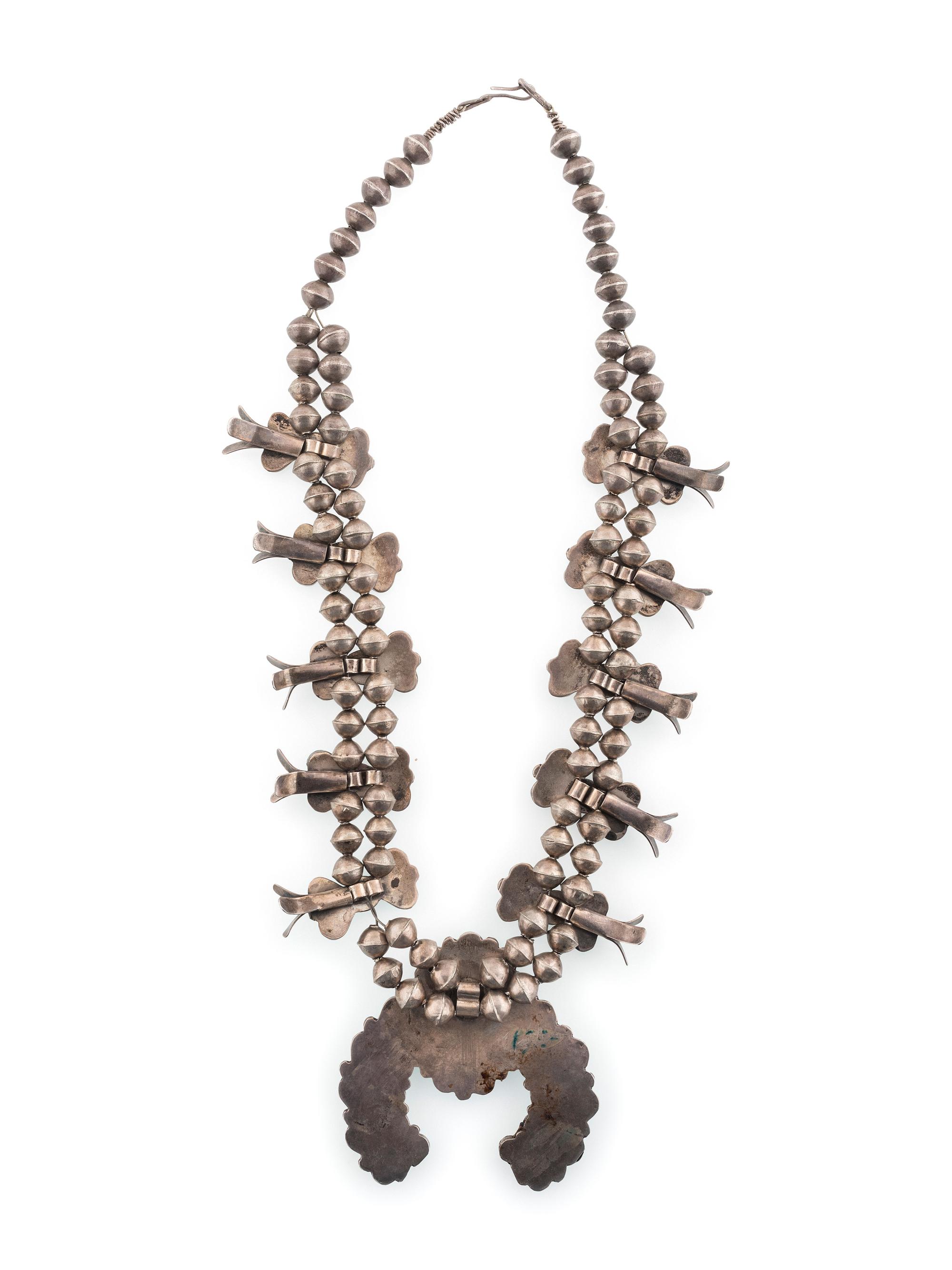 Navajo Silver and Turquoise Cluster Squash Blossom Necklace