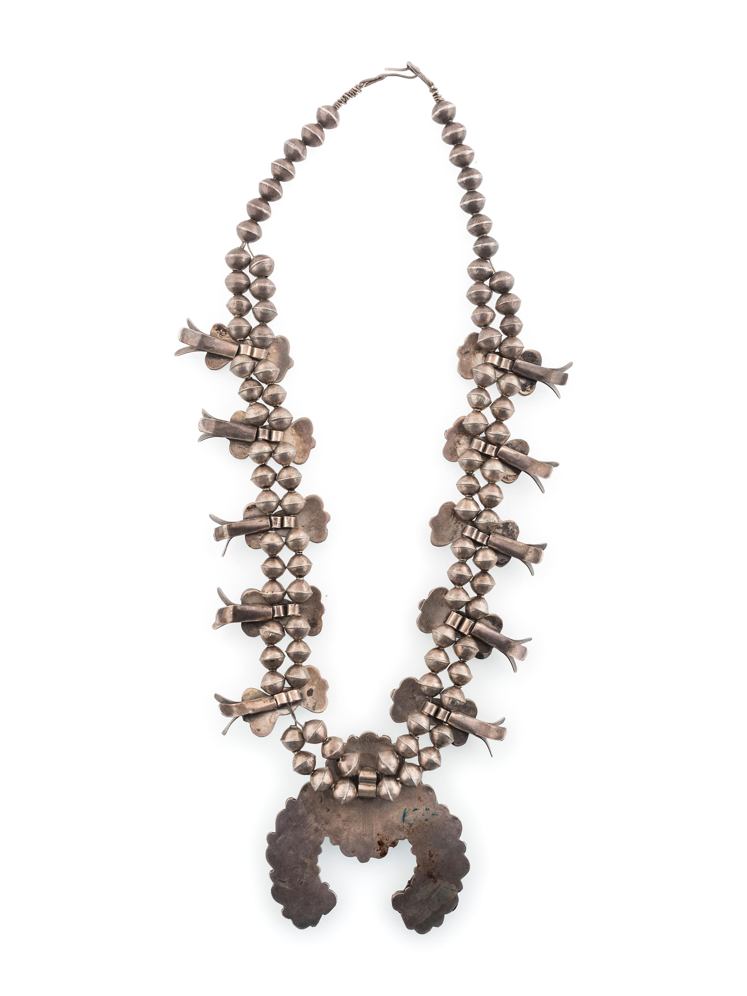 Navajo Silver and Turquoise Cluster Squash Blossom Necklace