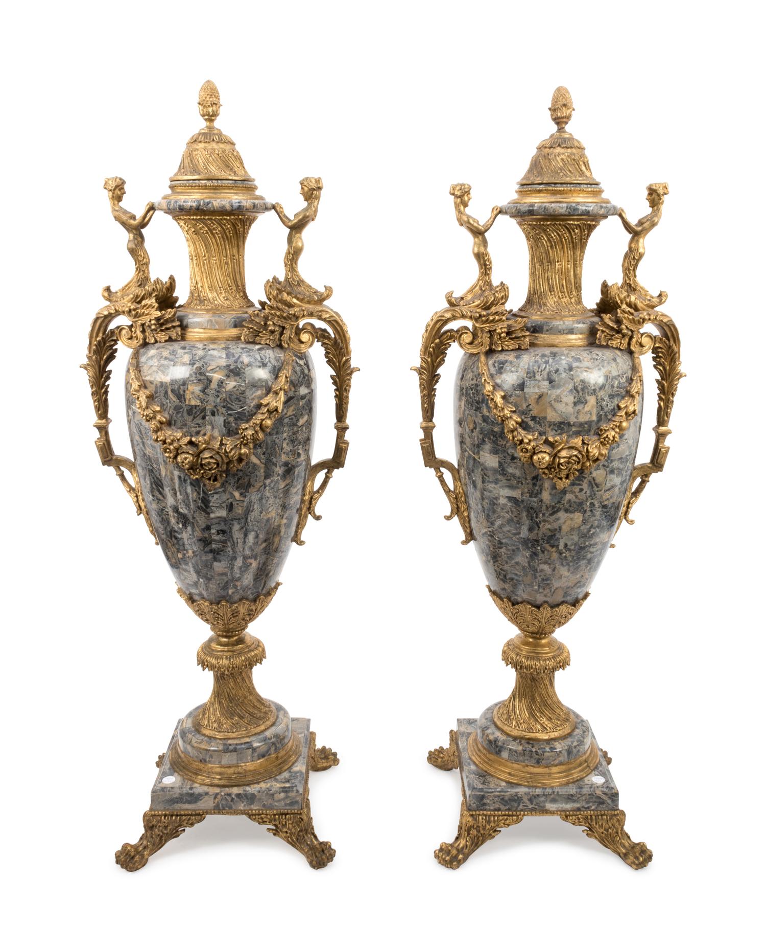 A Pair of Louis XV Style Monumental Faux Marble and Gilt Mounted Covered Urns