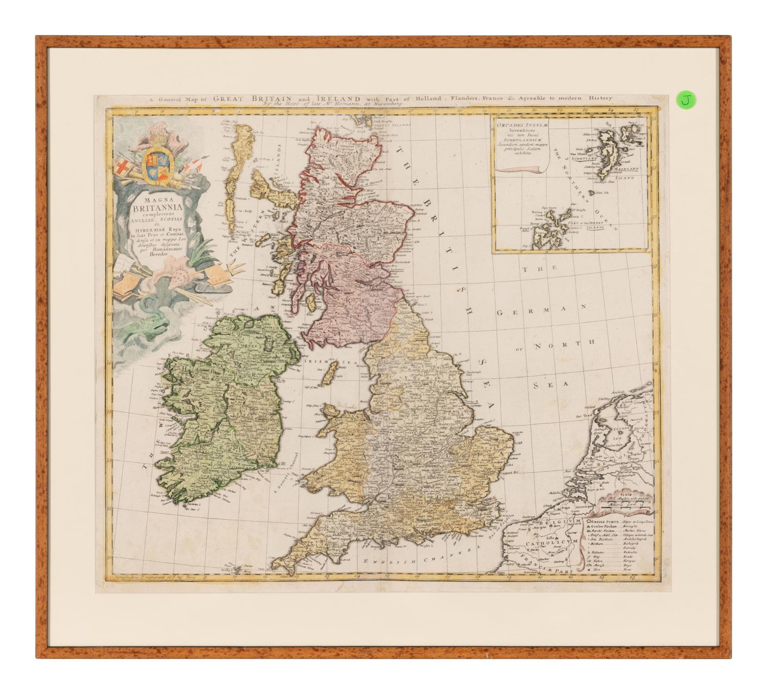 [MAP]. HOMANN, Johann Baptist (1663-1724). Magna Britannia... A General Map of Great Britain and Ireland with part of Holland, Flanders, France & Agreable to Modern History . Nuremberg, 1740.