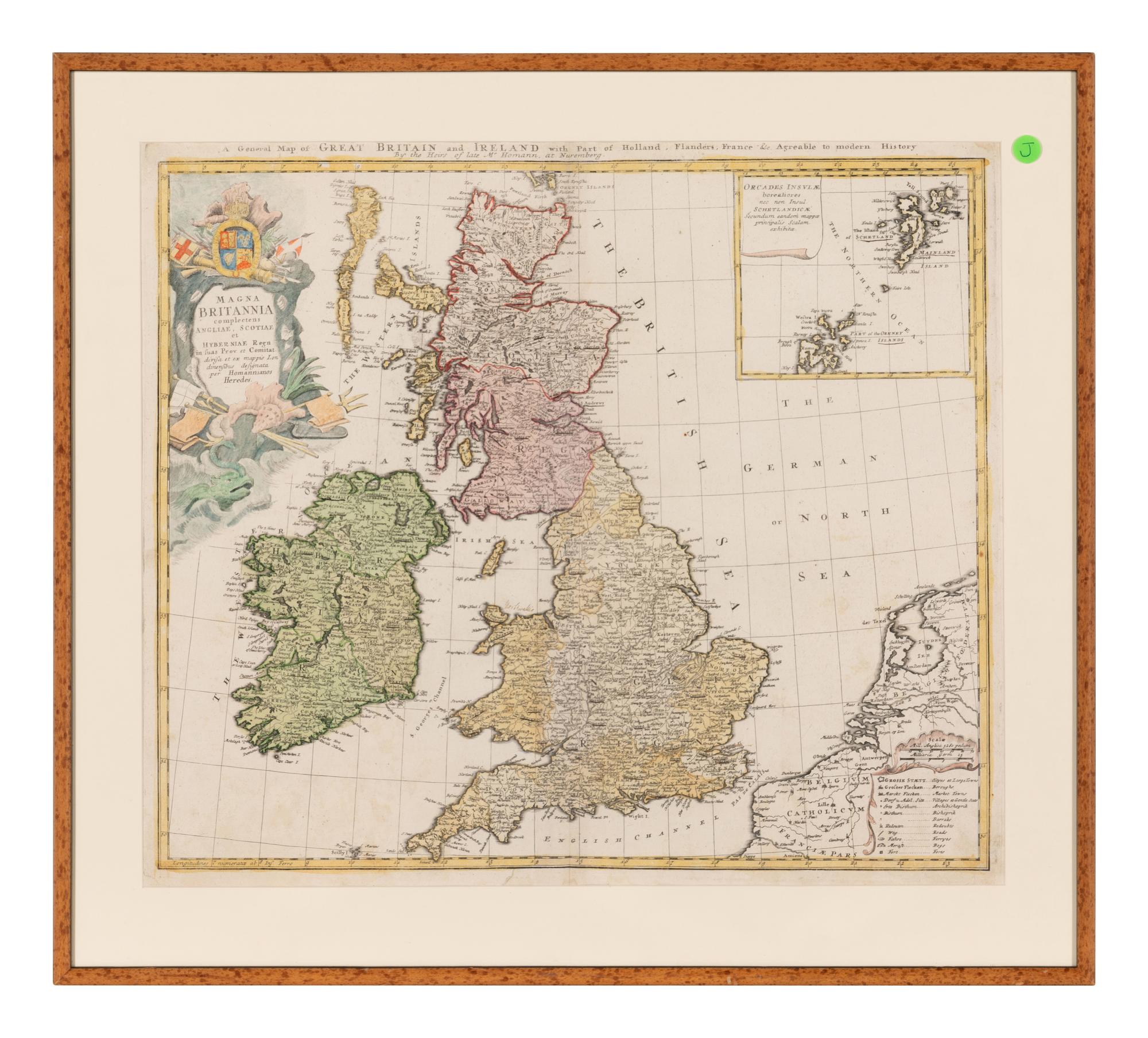 [MAP]. HOMANN, Johann Baptist (1663-1724). Magna Britannia... A General Map of Great Britain and Ireland with part of Holland, Flanders, France & Agreable to Modern History . Nuremberg, 1740.