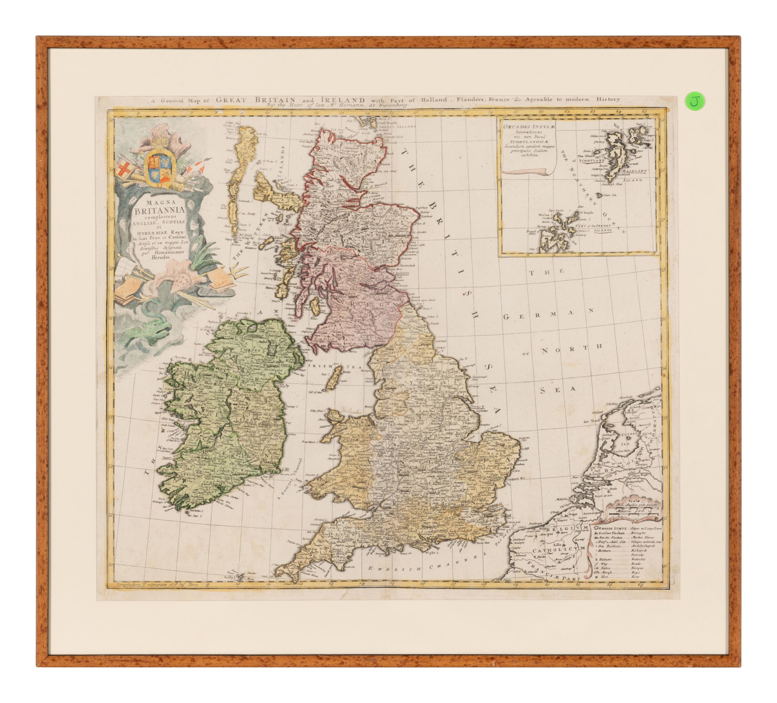 [MAP]. HOMANN, Johann Baptist (1663-1724). Magna Britannia... A General Map of Great Britain and Ireland with part of Holland, Flanders, France & Agreable to Modern History . Nuremberg, 1740.