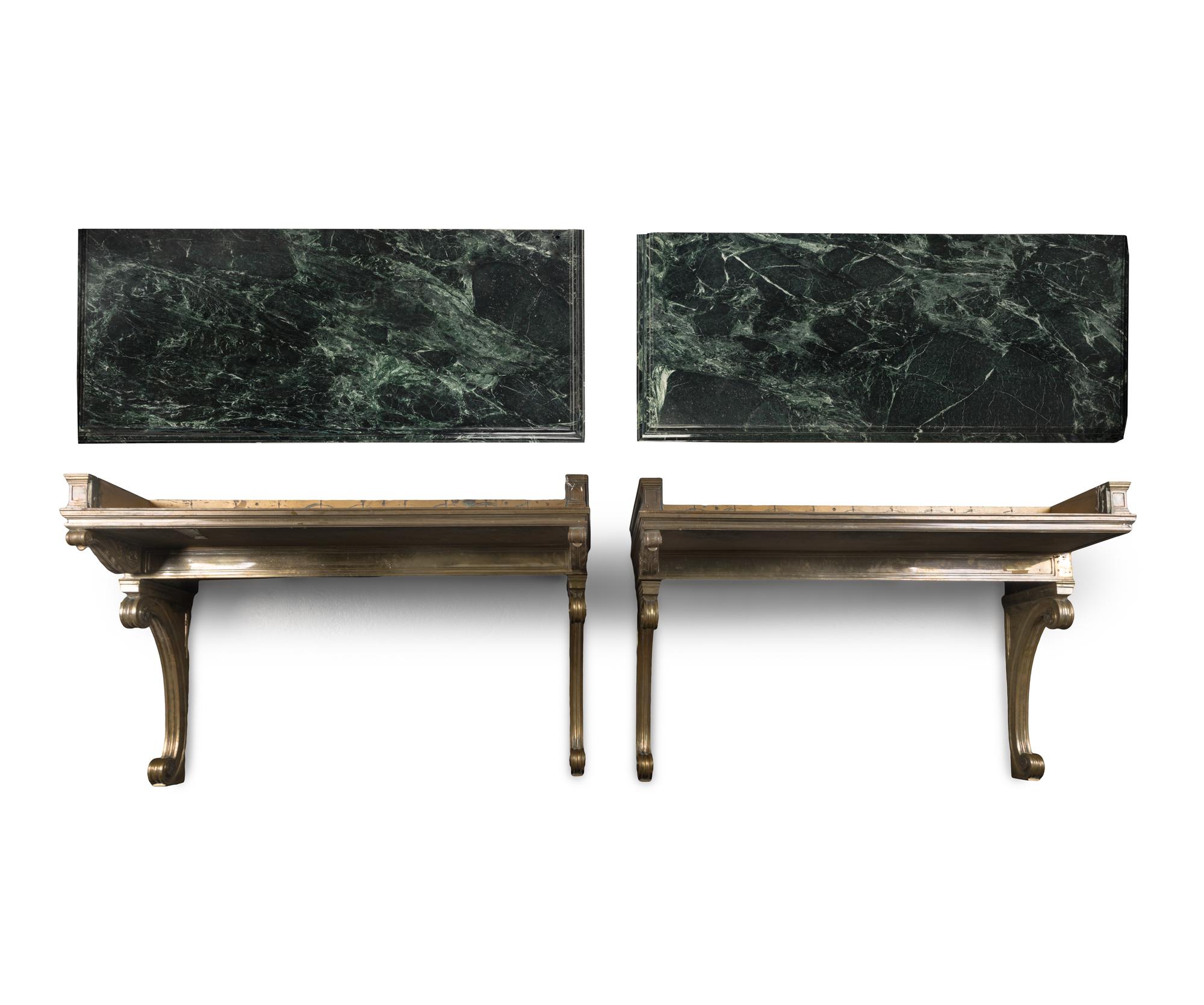 A Pair of Neoclassical Style Gilt Bronze and Marble Console Tables