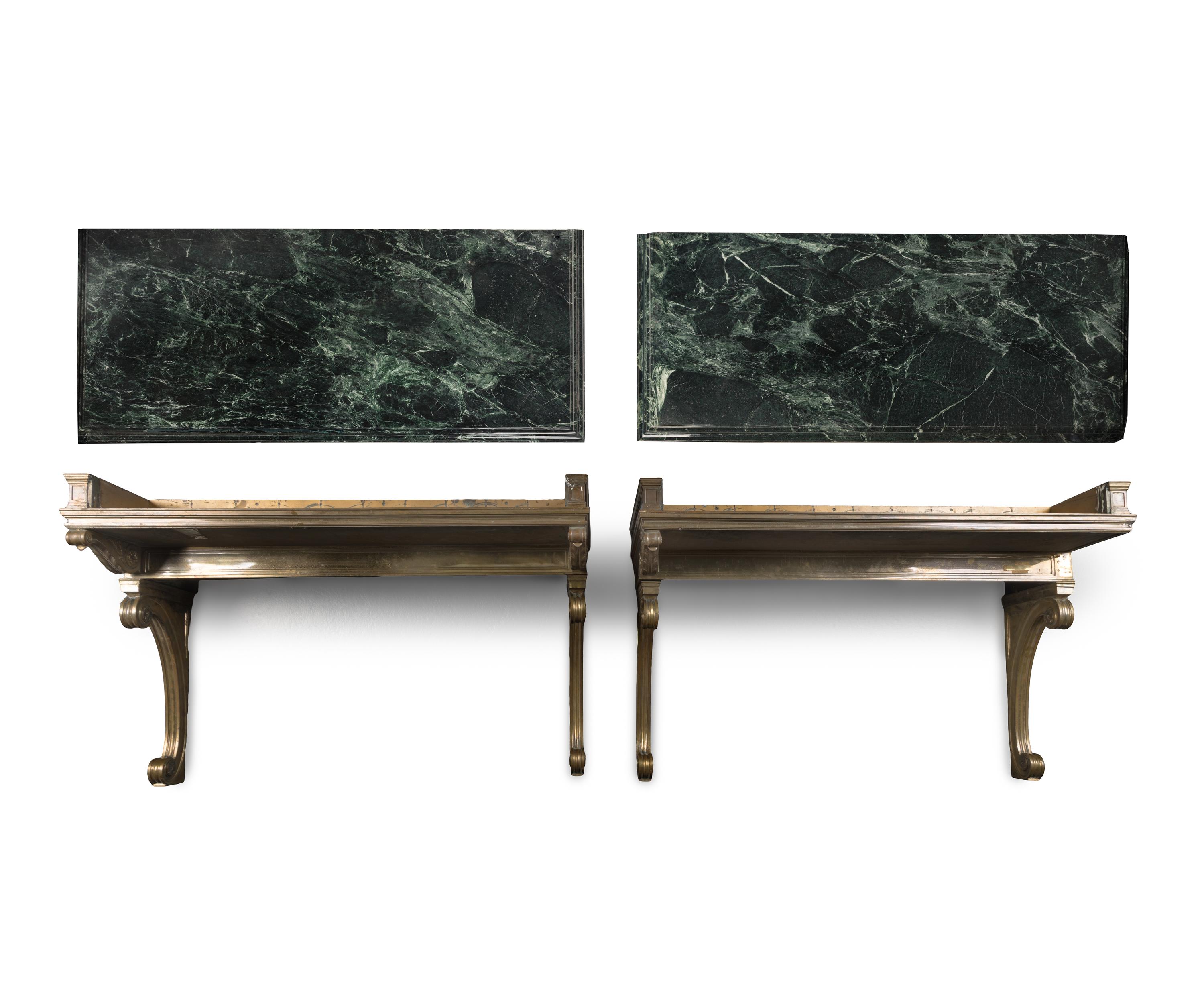 A Pair of Neoclassical Style Gilt Bronze and Marble Console Tables