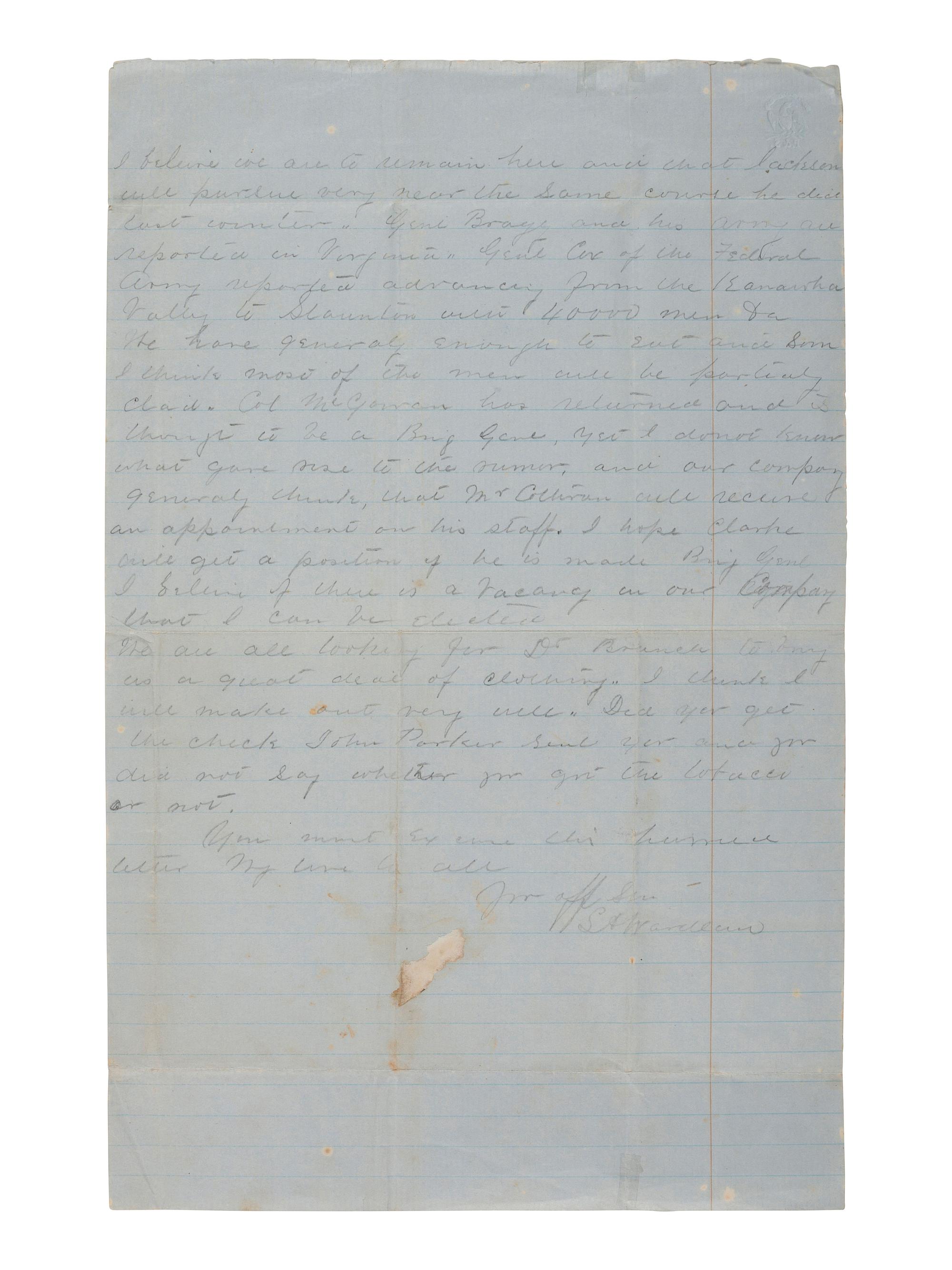 [CIVIL WAR]. Letter from one of the first CSA regiments raised, 1st SC "Orr's Rifles." 1862.