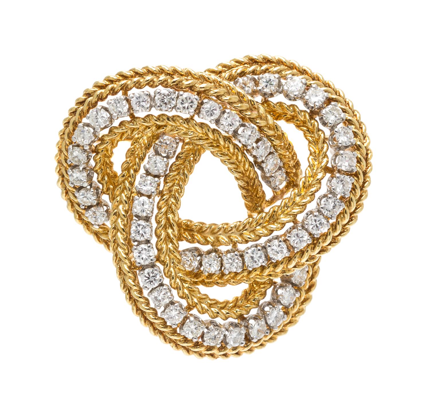 A Yellow Gold, Platinum and Diamond Knot Motif Brooch, French, 11.50 dwts.