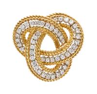 A Yellow Gold, Platinum and Diamond Knot Motif Brooch, French, 11.50 dwts.