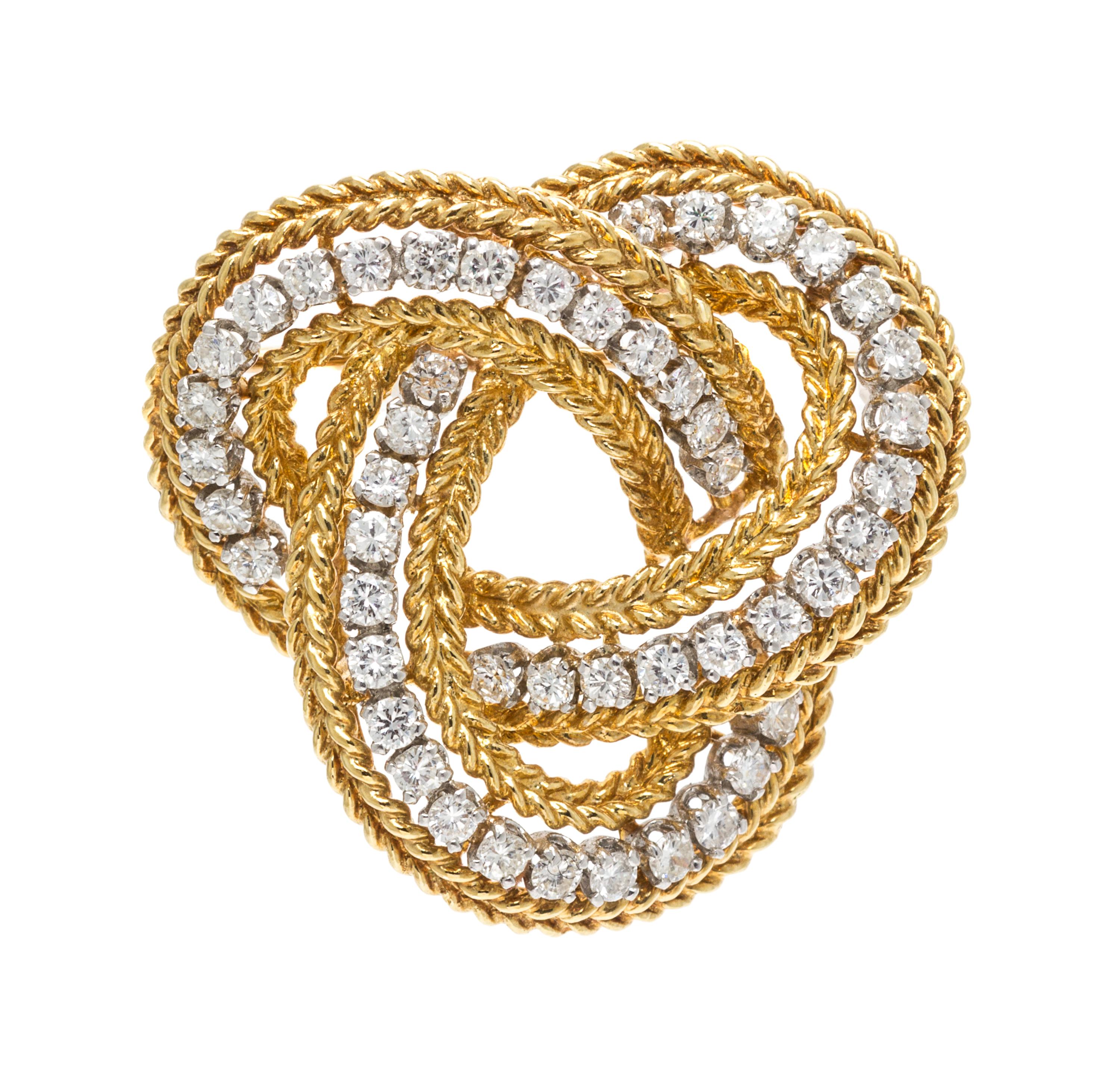 A Yellow Gold, Platinum and Diamond Knot Motif Brooch, French, 11.50 dwts.