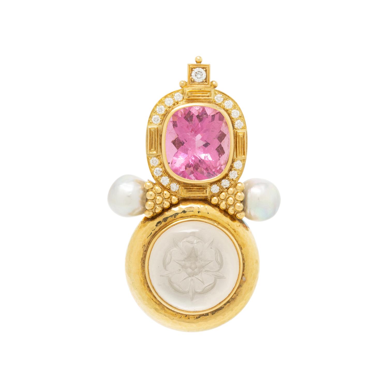 ELIZABETH GAGE, YELLOW GOLD AND MULTIGEM BROOCH