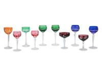 Ten Cut-to-Clear Colored Glass Stemware Articles