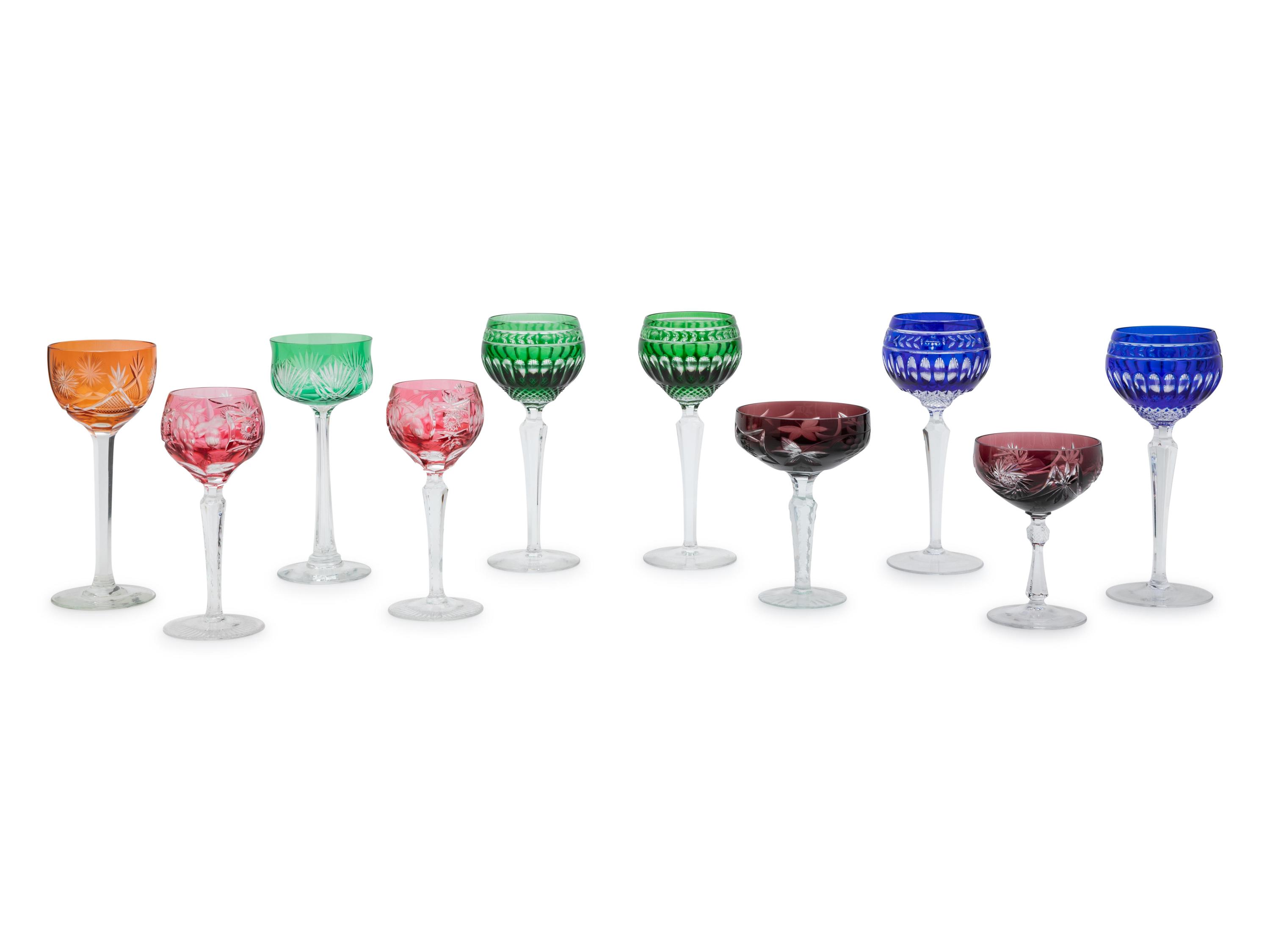Ten Cut-to-Clear Colored Glass Stemware Articles
